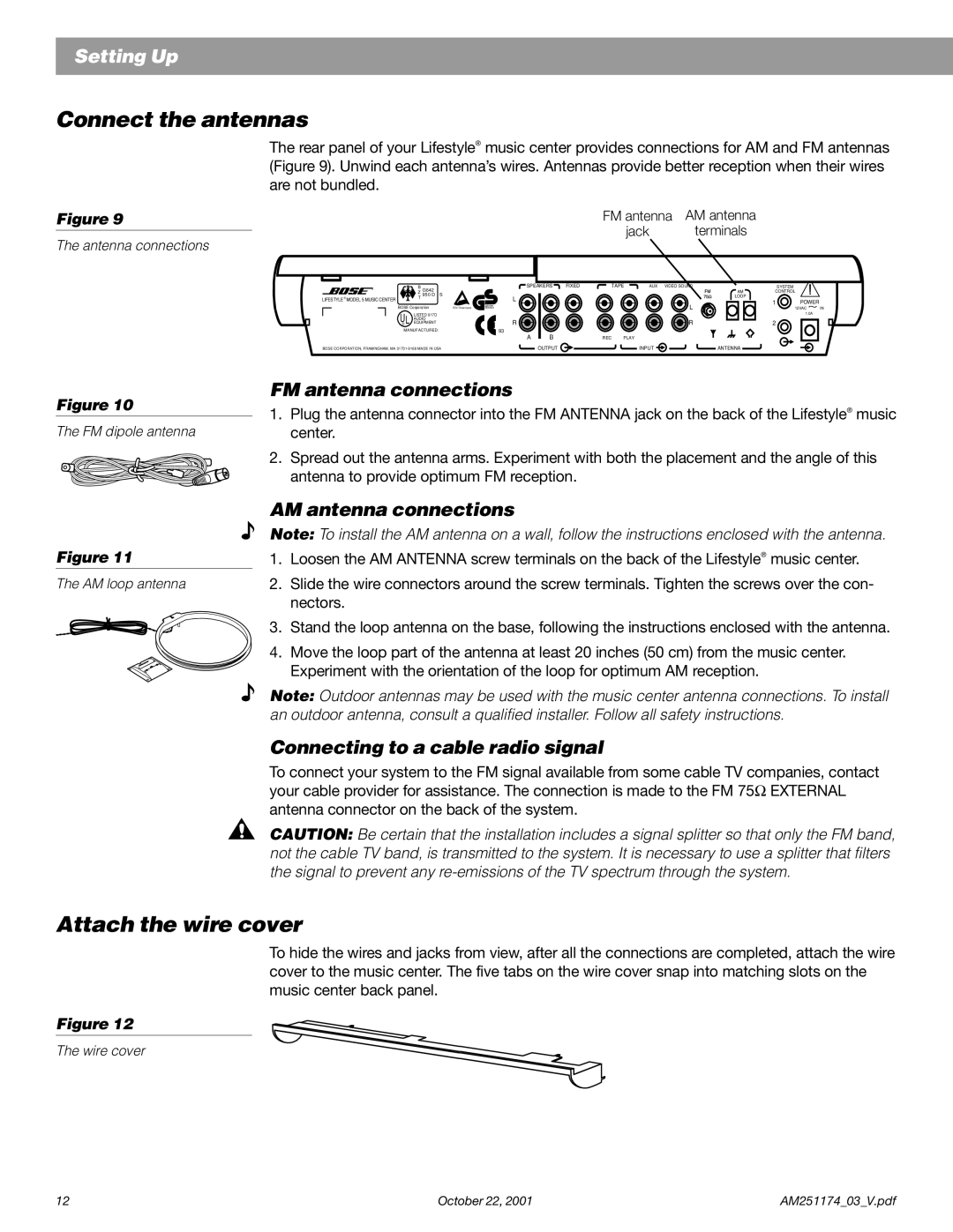 Bose 5 manual Setting Up, FM antenna connections, AM antenna connections, Connecting to a cable radio signal 