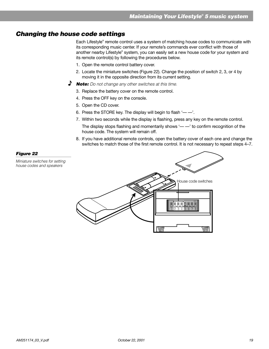 Bose manual Changing the house code settings, Maintaining Your Lifestyle 5 music system 