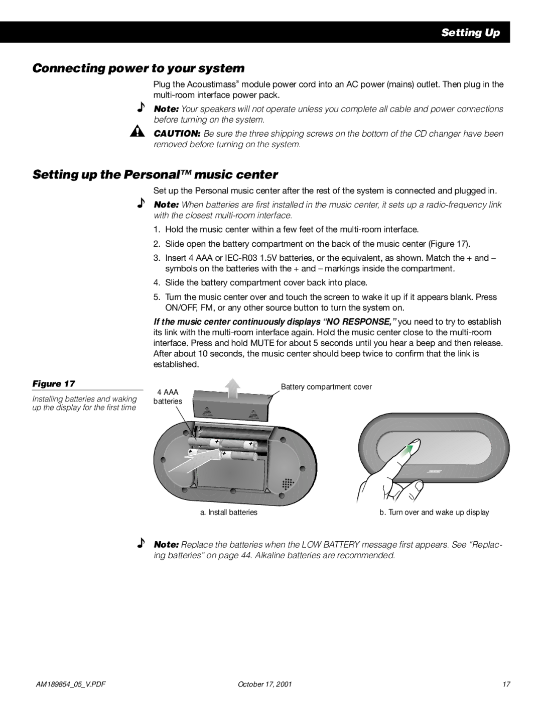 Bose 50 manual Connecting power to your system, Setting up the Personal music center 