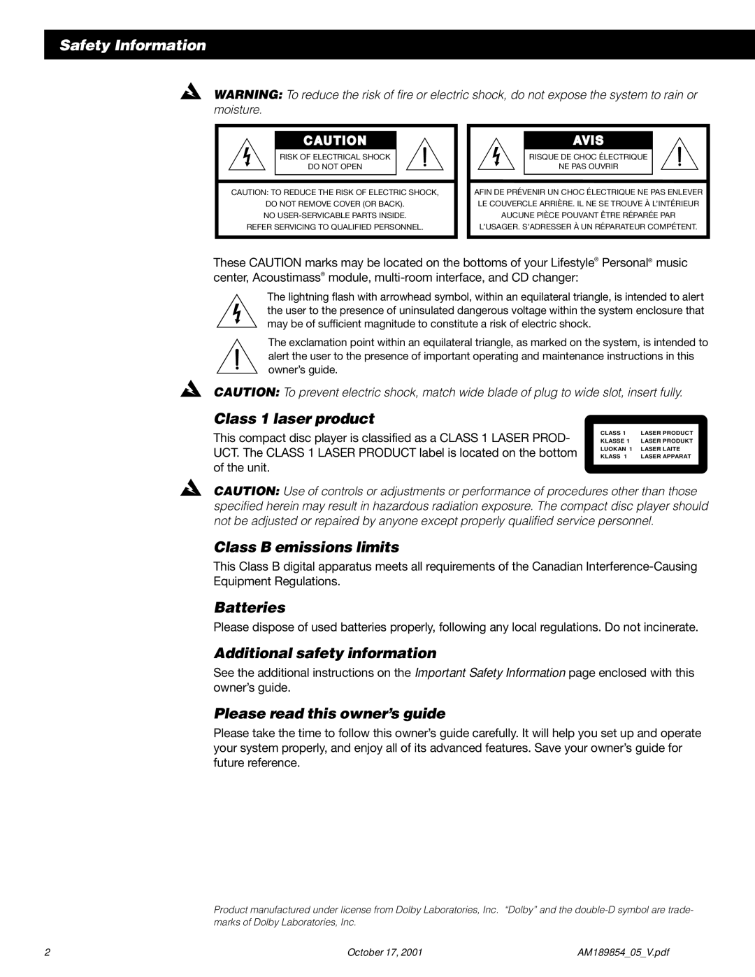 Bose 50 manual Class 1 laser product, Class B emissions limits, Batteries, Additional safety information 