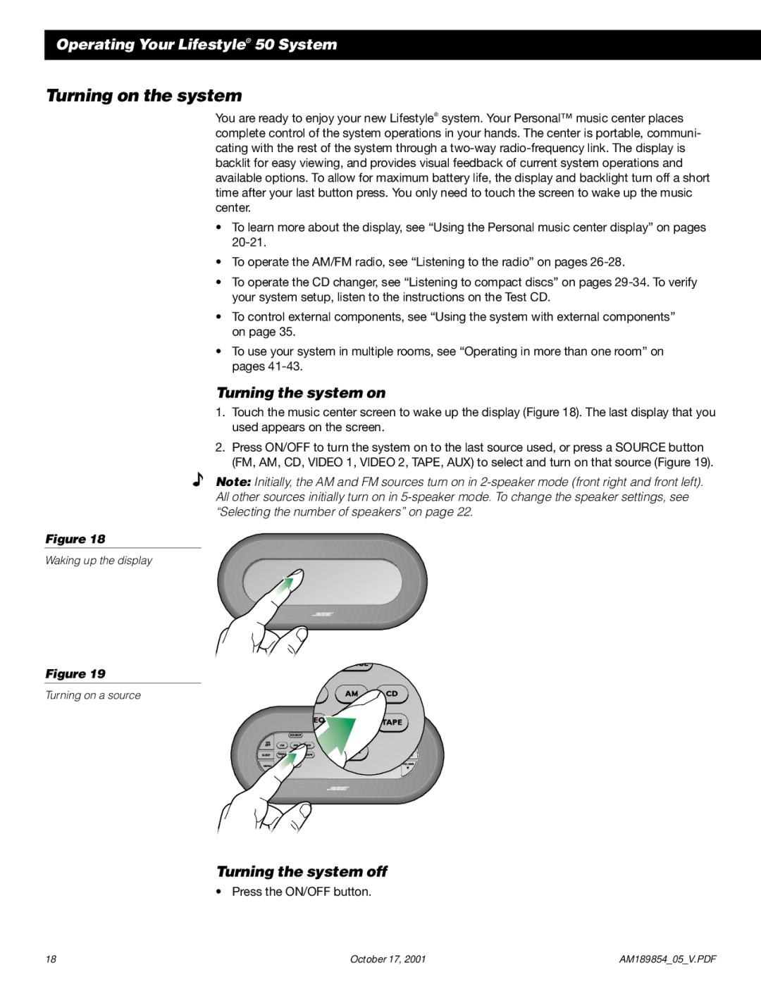 Bose 50 manual Turning on the system, Turning the system on, Turning the system off 