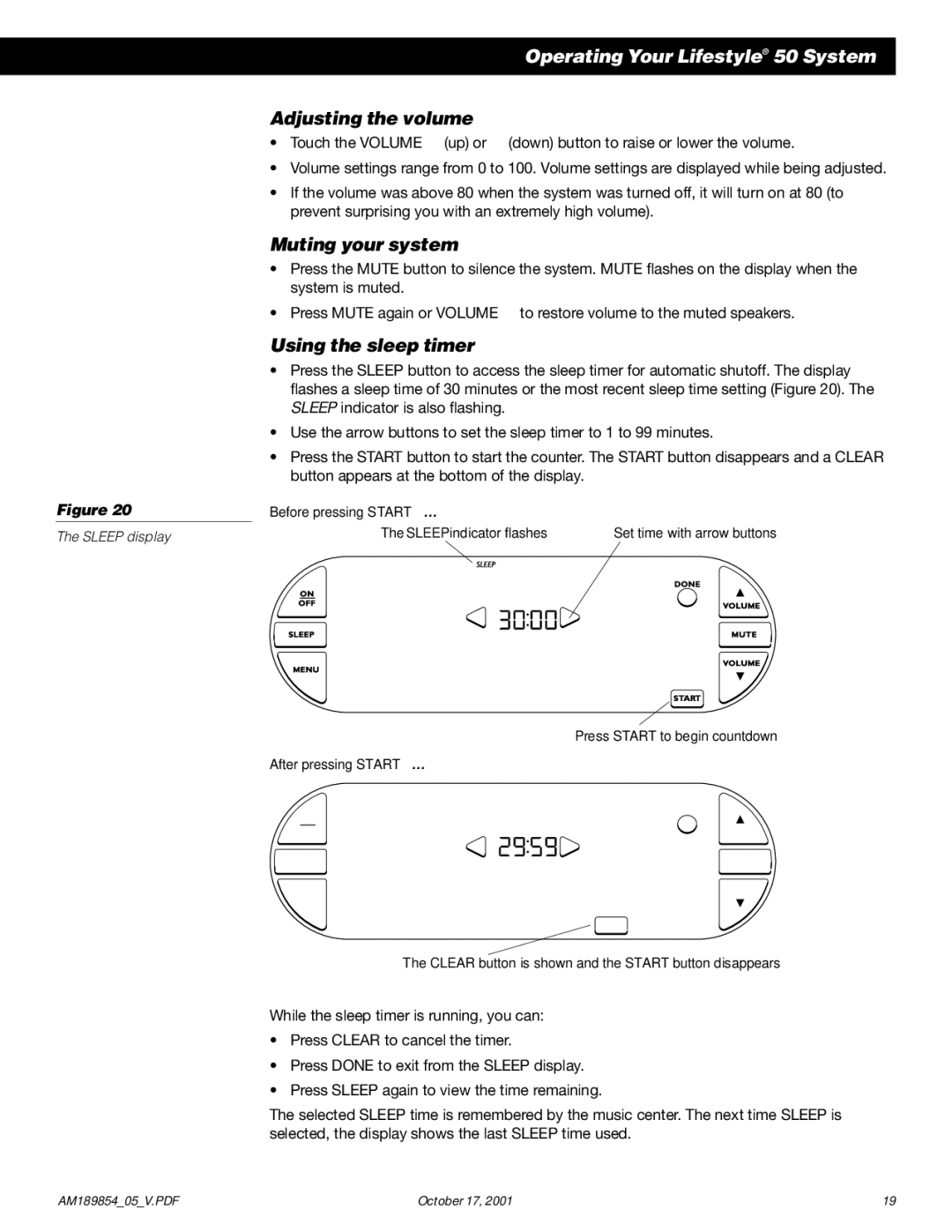 Bose 50 manual Adjusting the volume, Muting your system, Using the sleep timer 