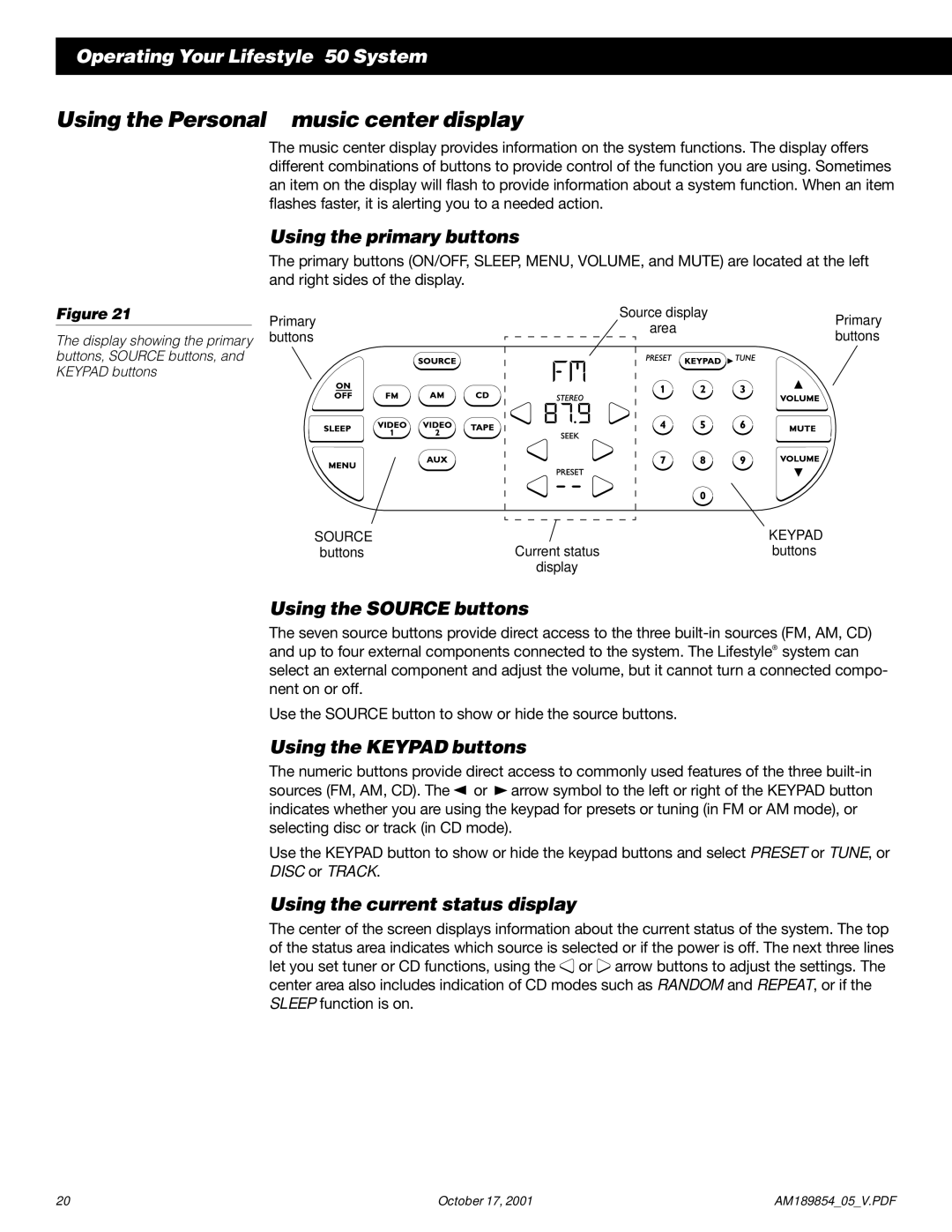 Bose 50 manual Using the Personal music center display, Using the primary buttons, Using the Source buttons 