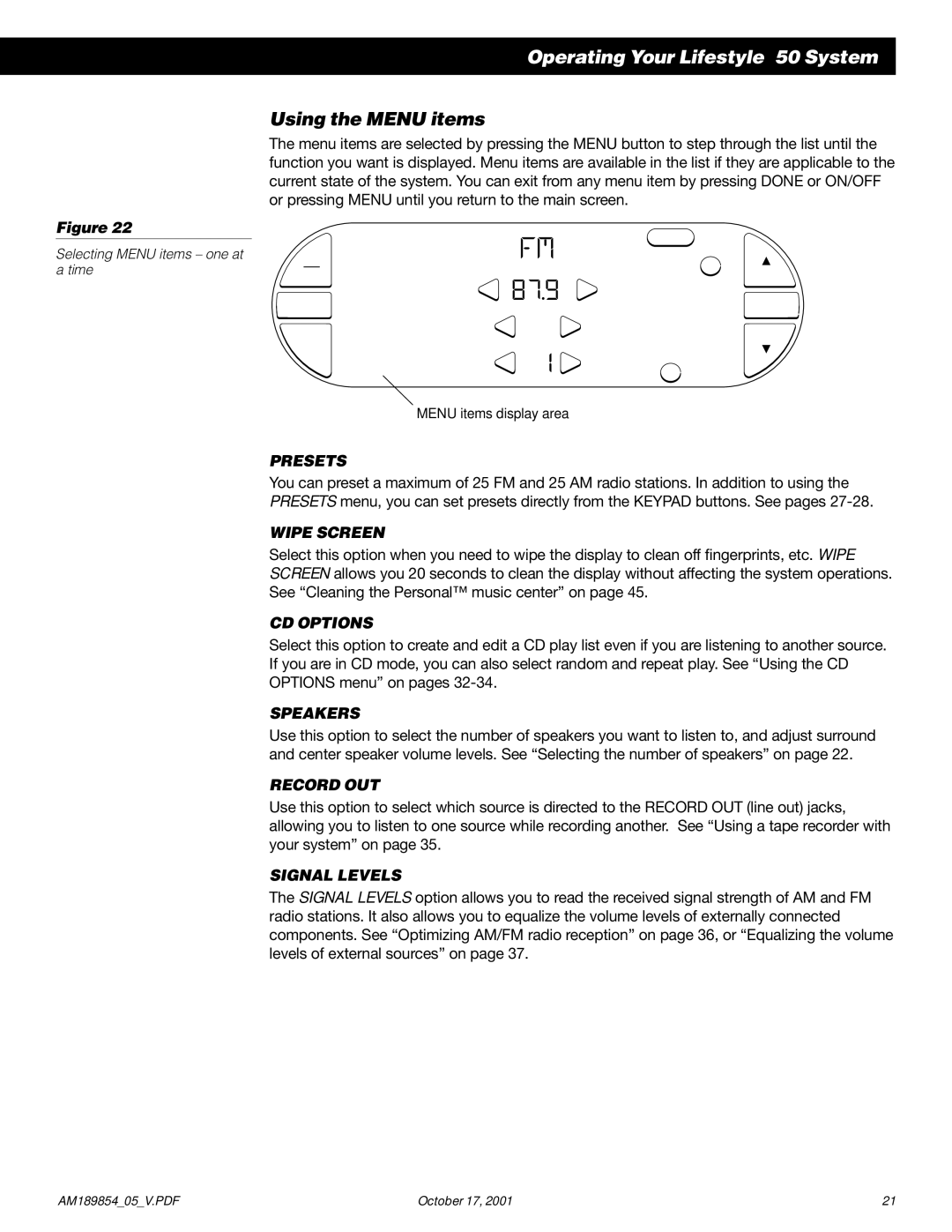 Bose 50 manual Using the Menu items, Presets 