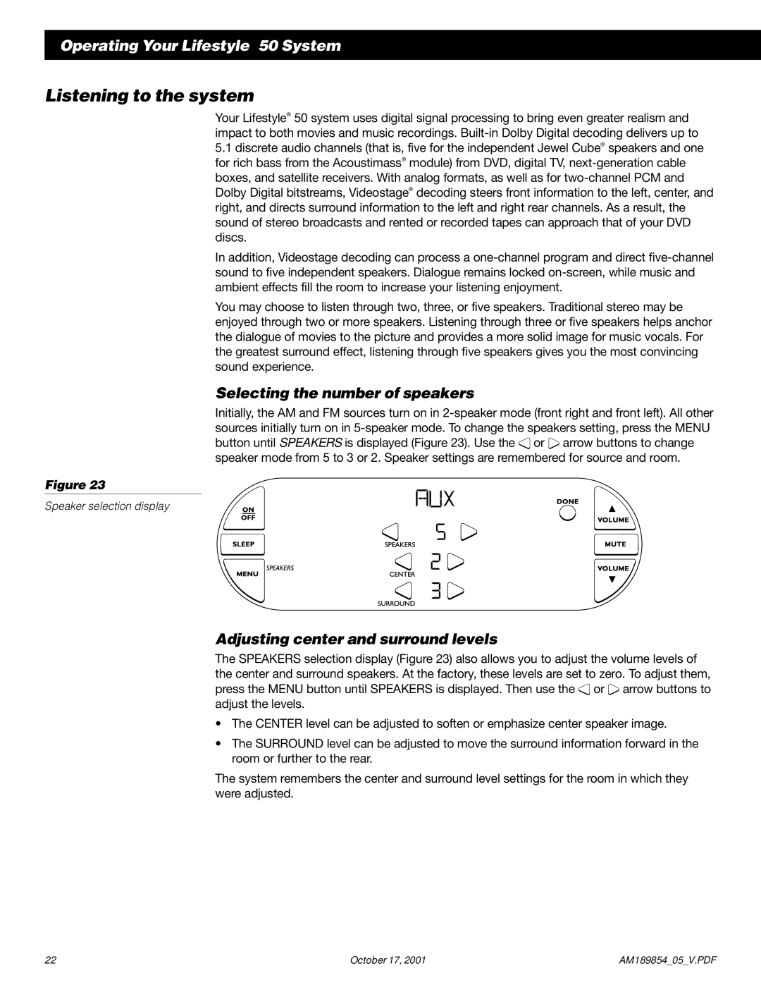 Bose 50 manual Listening to the system, Selecting the number of speakers, Adjusting center and surround levels 