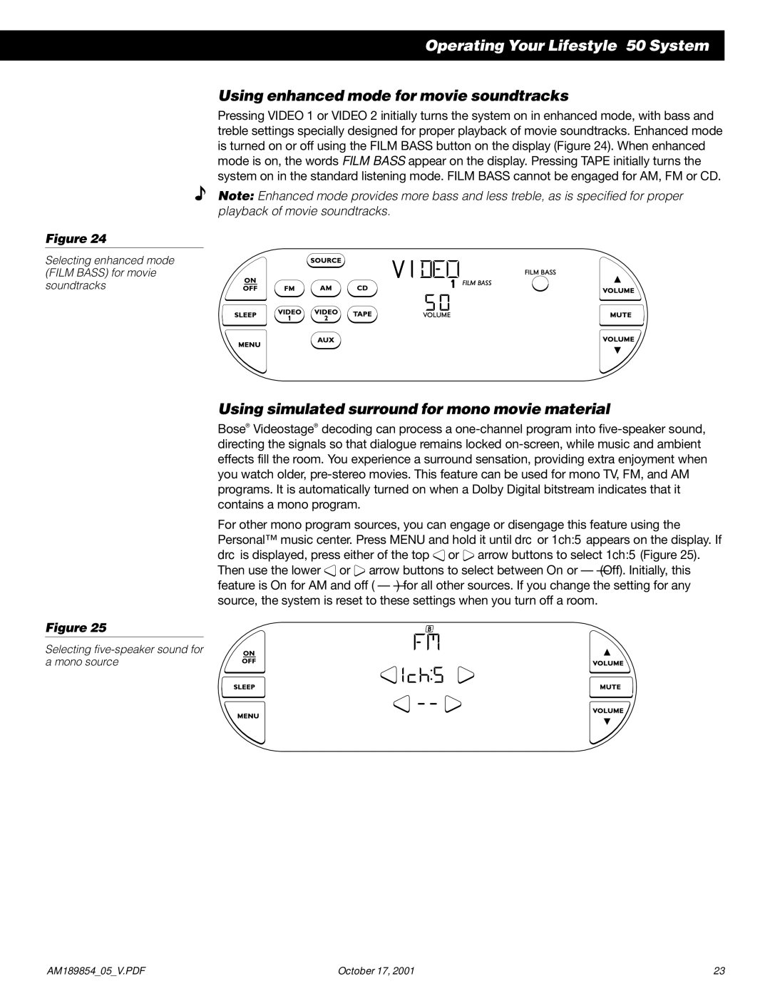 Bose 50 manual Using enhanced mode for movie soundtracks, Using simulated surround for mono movie material 