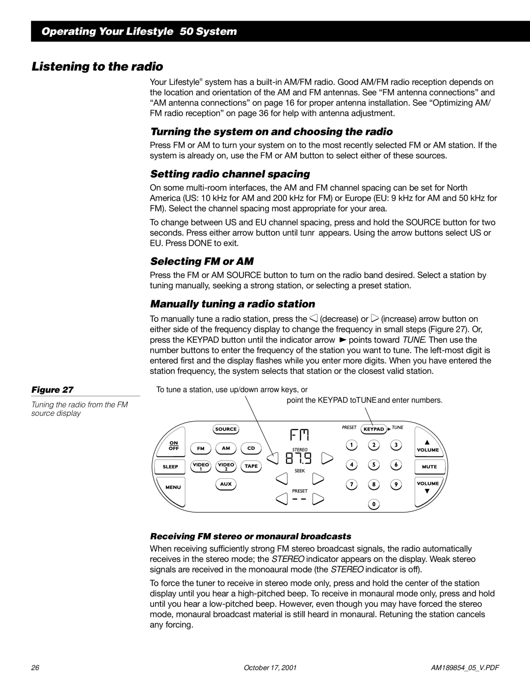 Bose 50 manual Listening to the radio, Turning the system on and choosing the radio, Setting radio channel spacing 