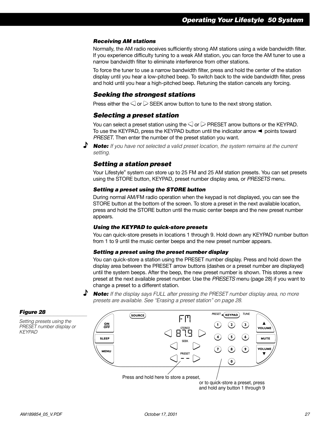 Bose 50 manual Seeking the strongest stations, Selecting a preset station, Setting a station preset 