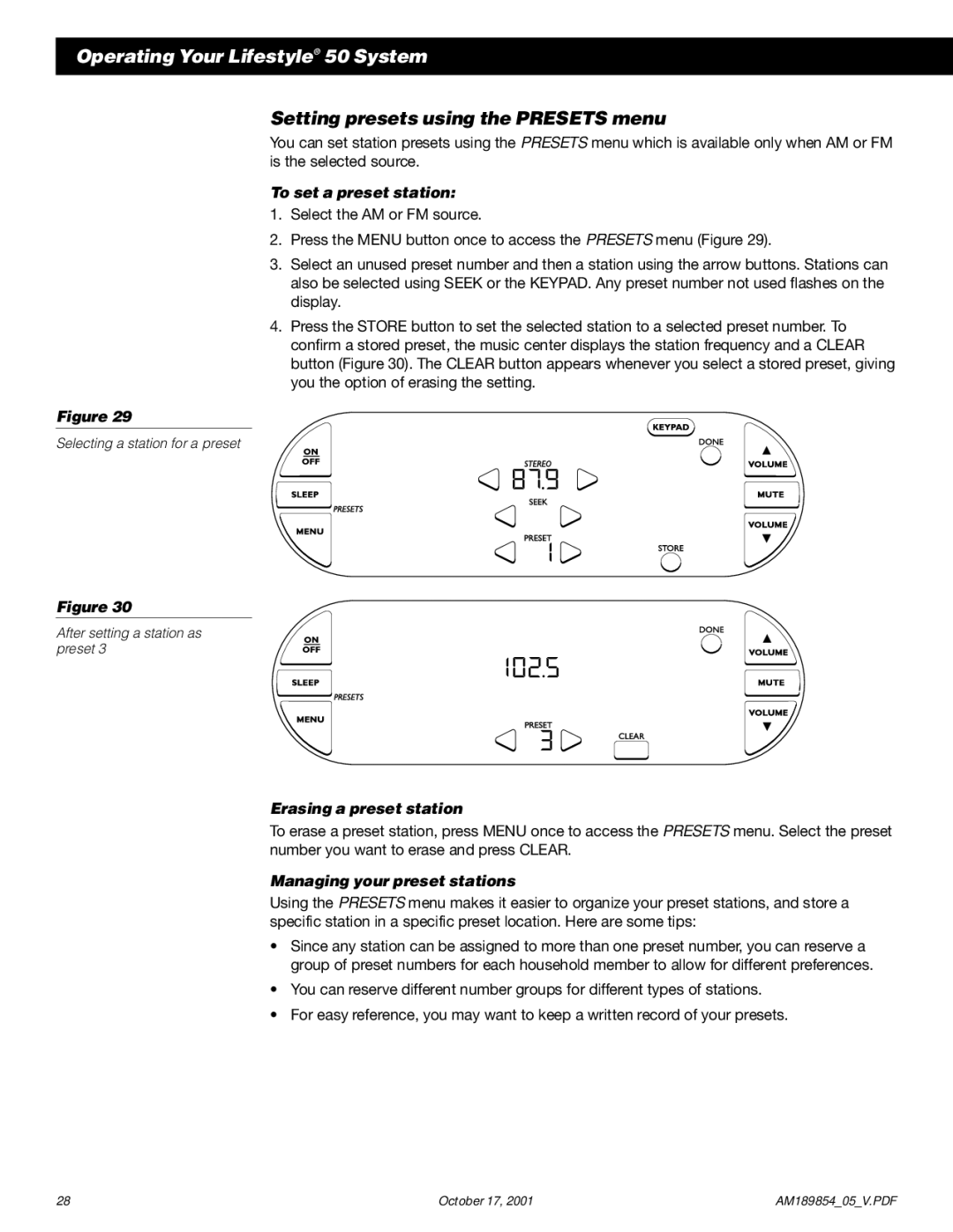 Bose 50 manual Setting presets using the Presets menu, To set a preset station, Erasing a preset station 