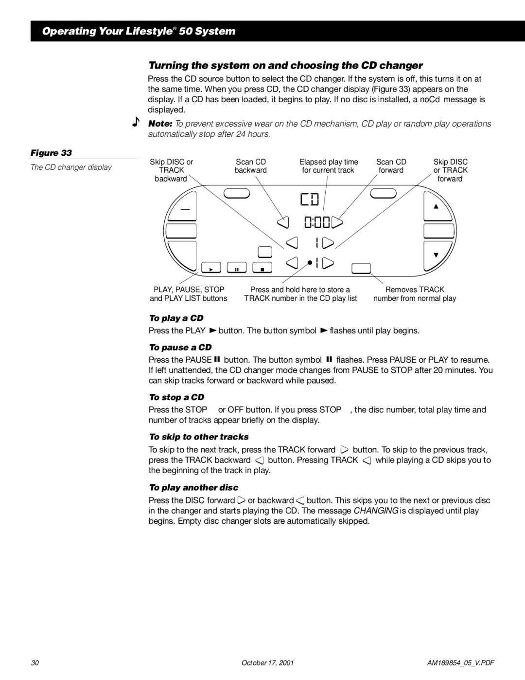 Bose 50 manual Turning the system on and choosing the CD changer 