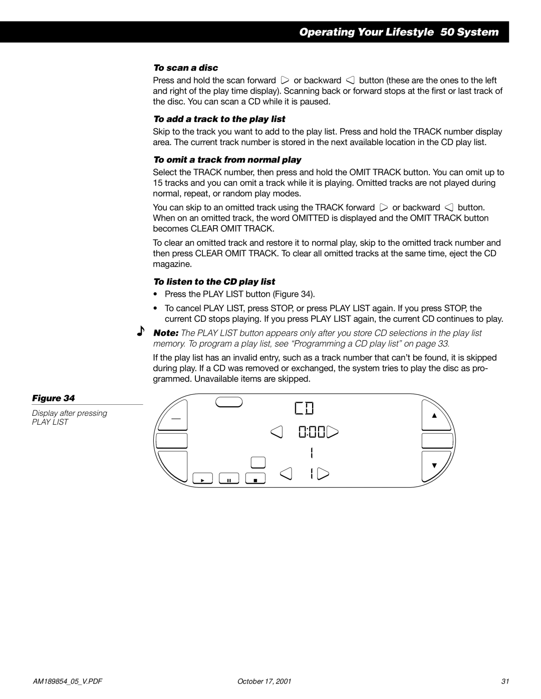 Bose 50 To scan a disc, To add a track to the play list, To omit a track from normal play, To listen to the CD play list 