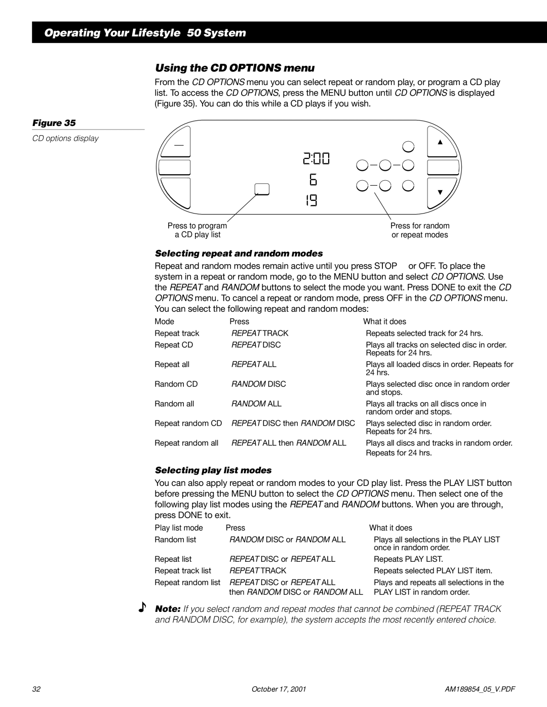 Bose 50 manual Using the CD Options menu, Selecting repeat and random modes, Selecting play list modes 