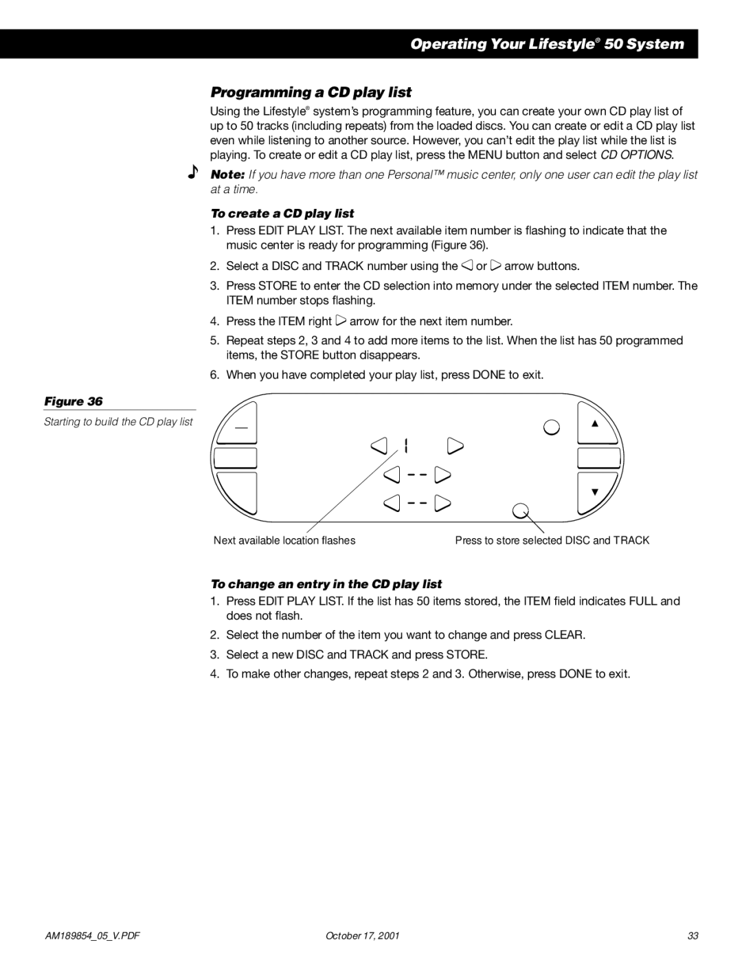 Bose 50 manual Programming a CD play list, To create a CD play list, To change an entry in the CD play list 