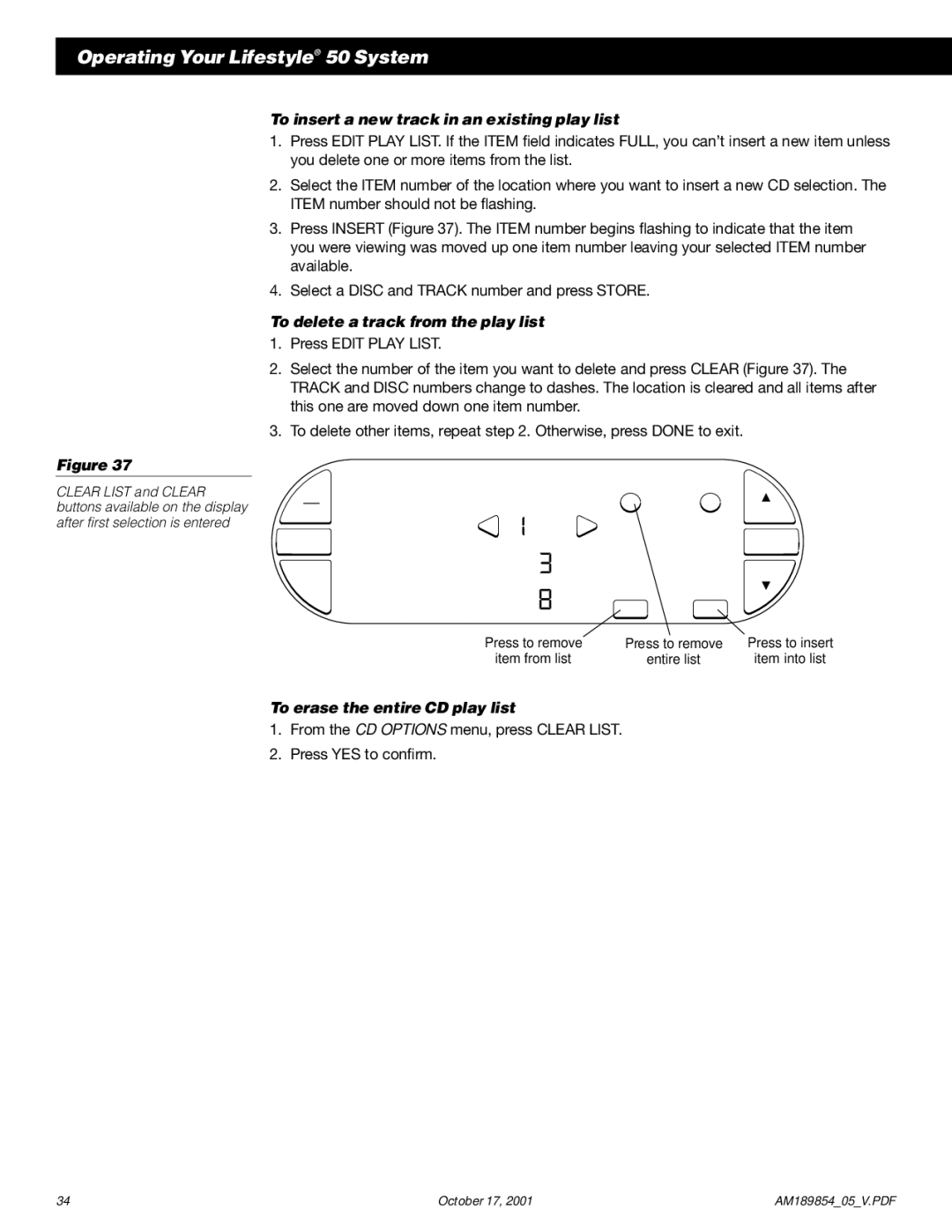 Bose 50 manual To insert a new track in an existing play list, To delete a track from the play list 