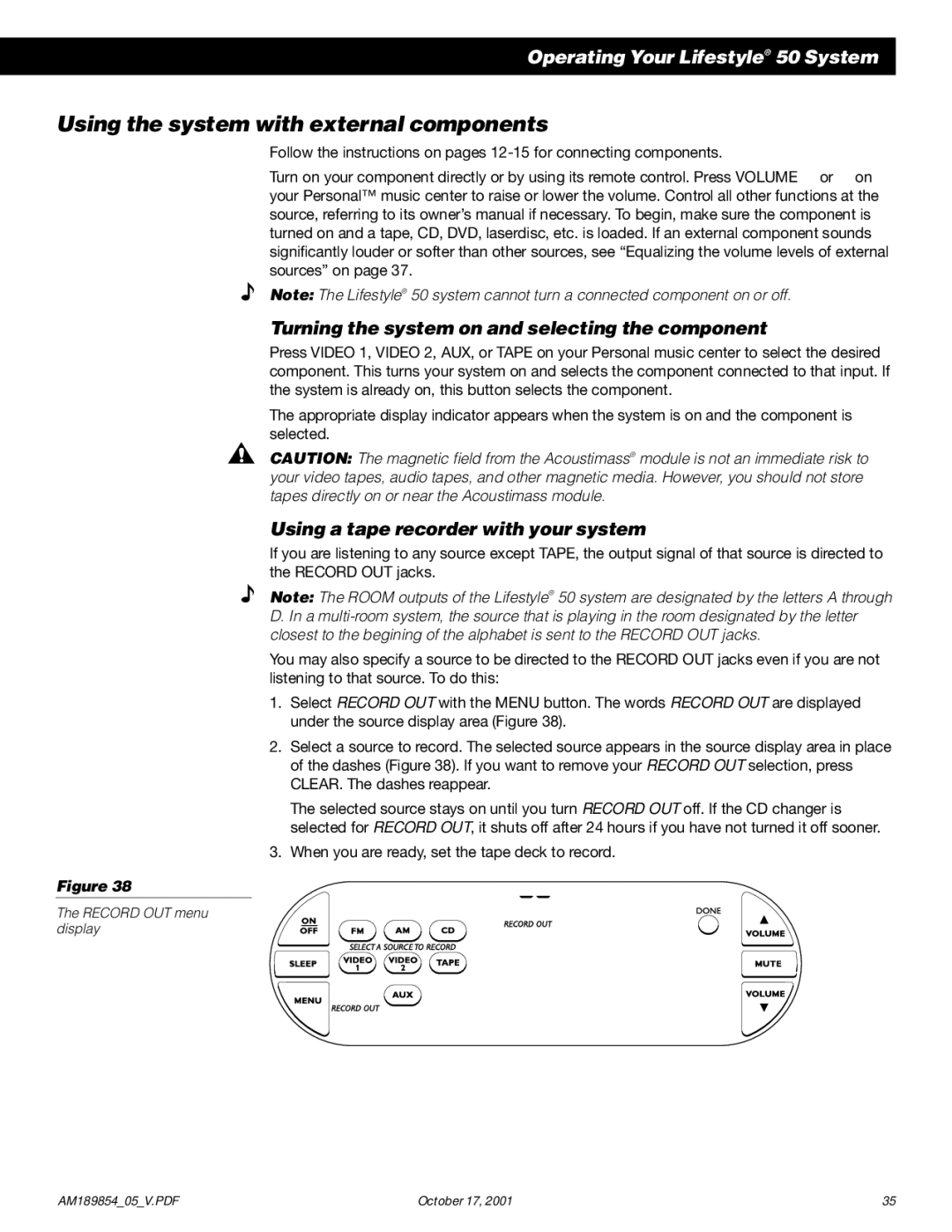 Bose 50 manual Using the system with external components, Turning the system on and selecting the component 