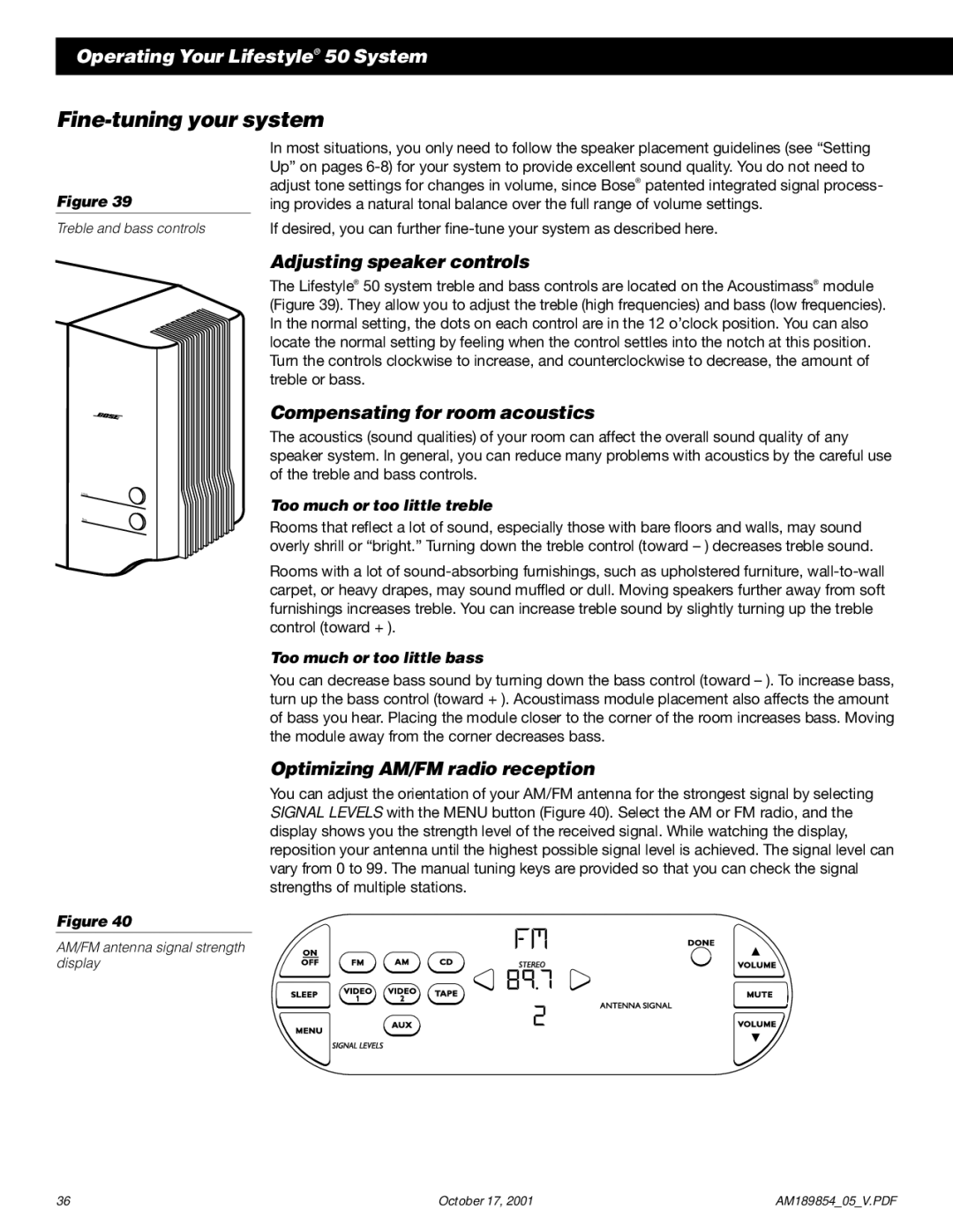 Bose 50 manual Fine-tuning your system, Adjusting speaker controls, Compensating for room acoustics 