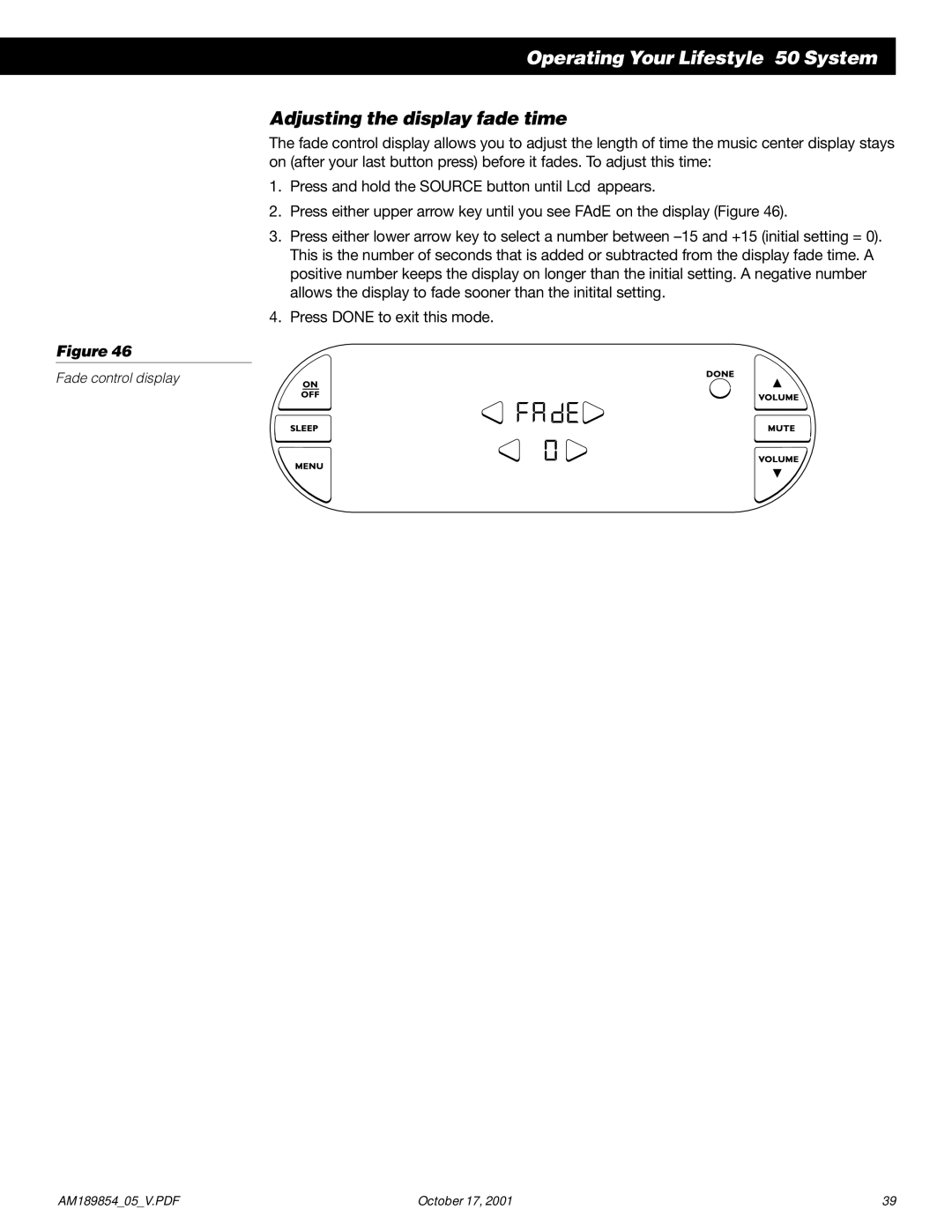 Bose 50 manual Adjusting the display fade time 