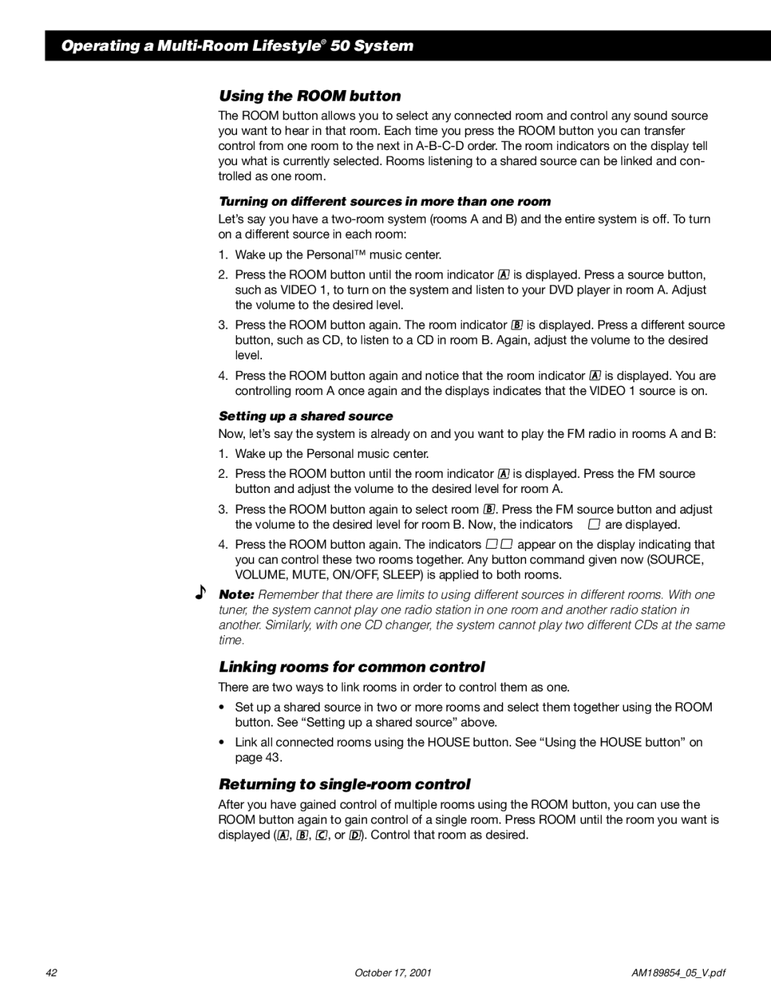 Bose 50 manual Using the Room button, Linking rooms for common control, Returning to single-room control 