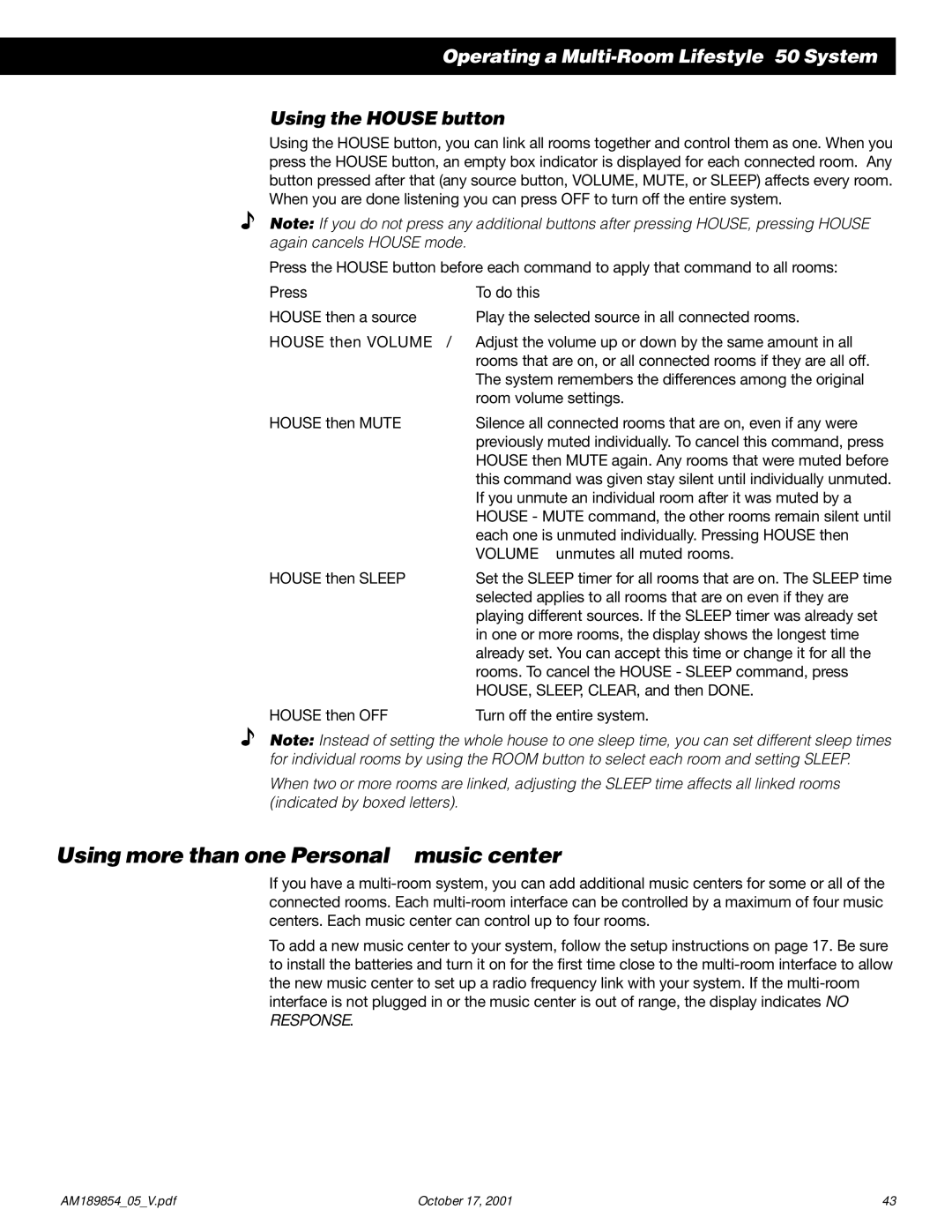 Bose 50 manual Using more than one Personal music center, Using the House button 