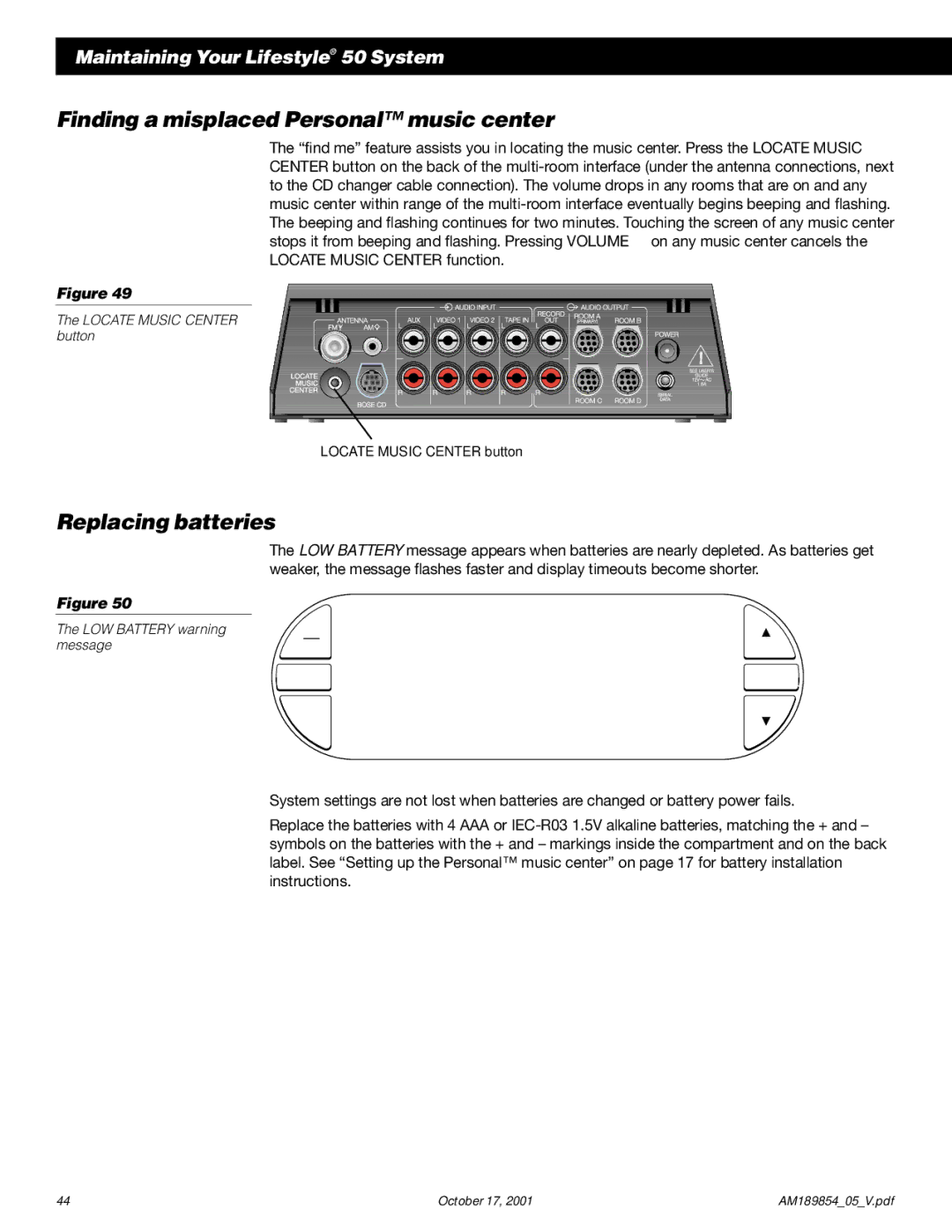 Bose 50 manual Finding a misplaced Personal music center, Replacing batteries 