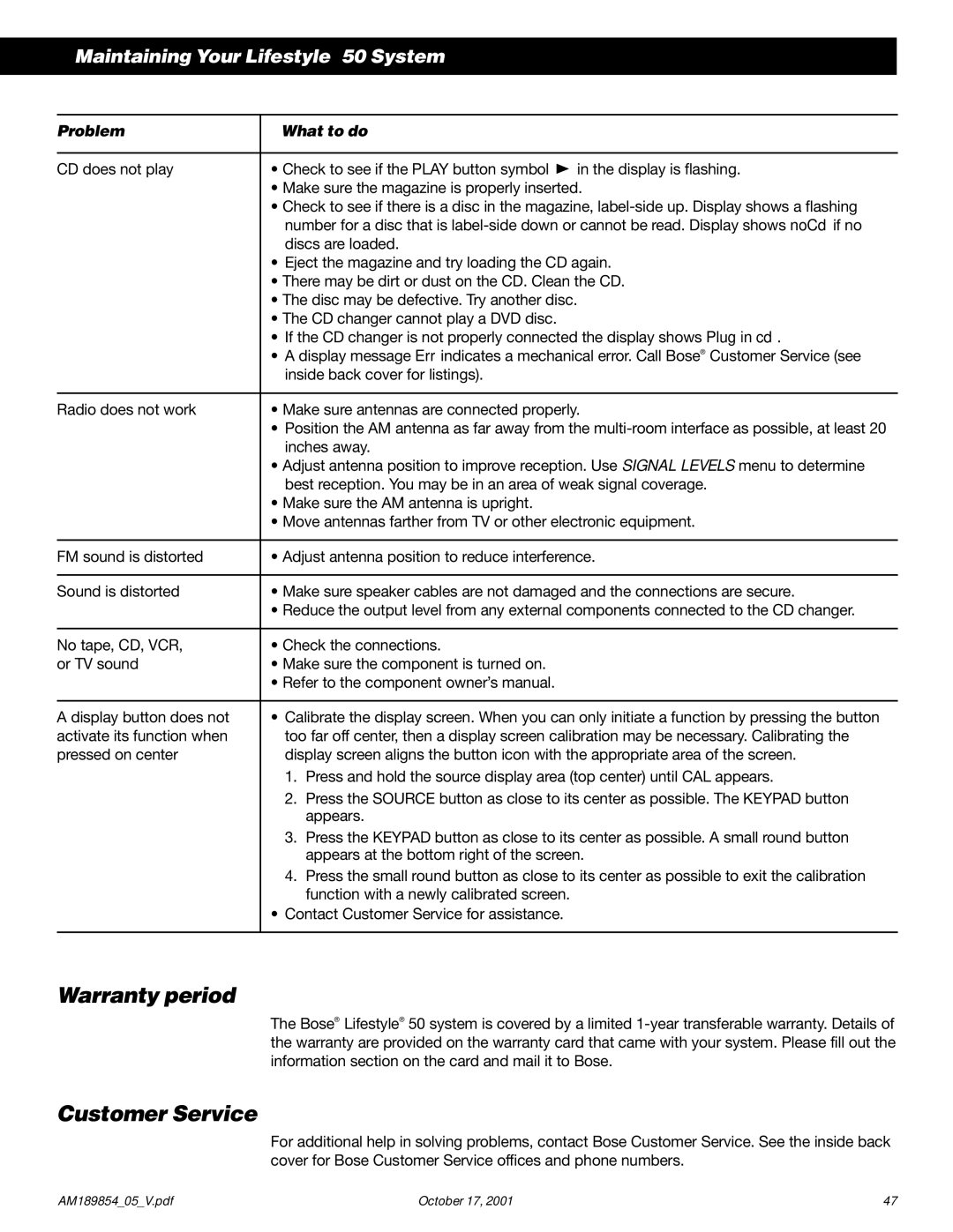 Bose 50 manual Warranty period, Customer Service 