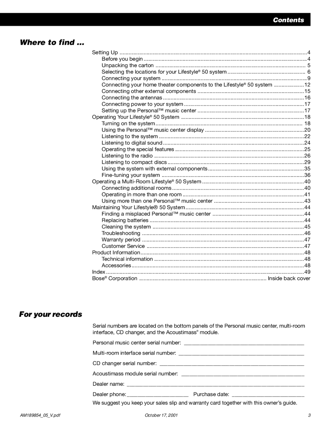 Bose 50 manual Where to find …, For your records 