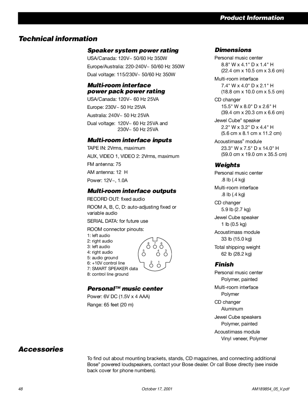 Bose 50 manual Technical information, Accessories 