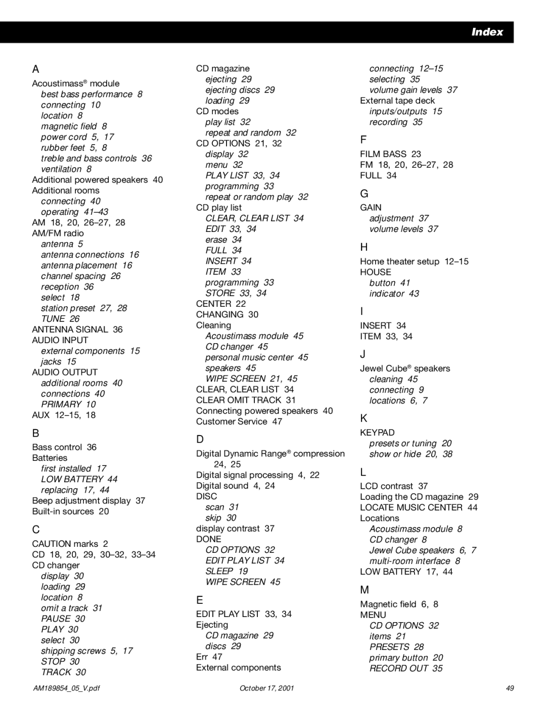 Bose 50 manual Index 