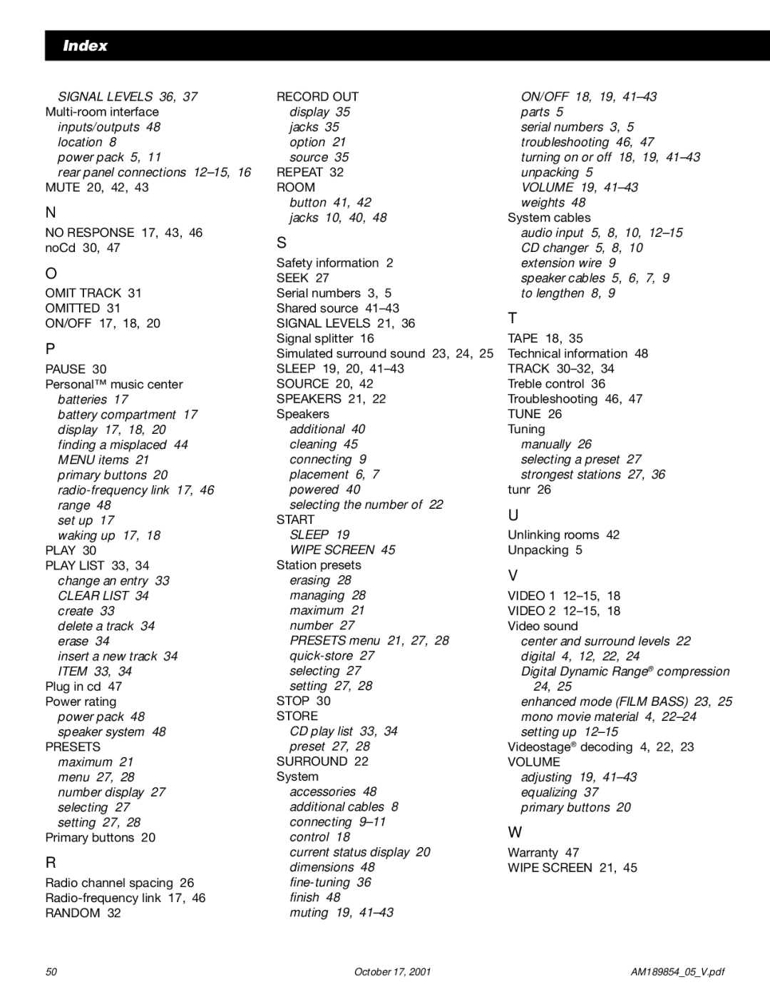 Bose 50 manual Signal Levels 36 