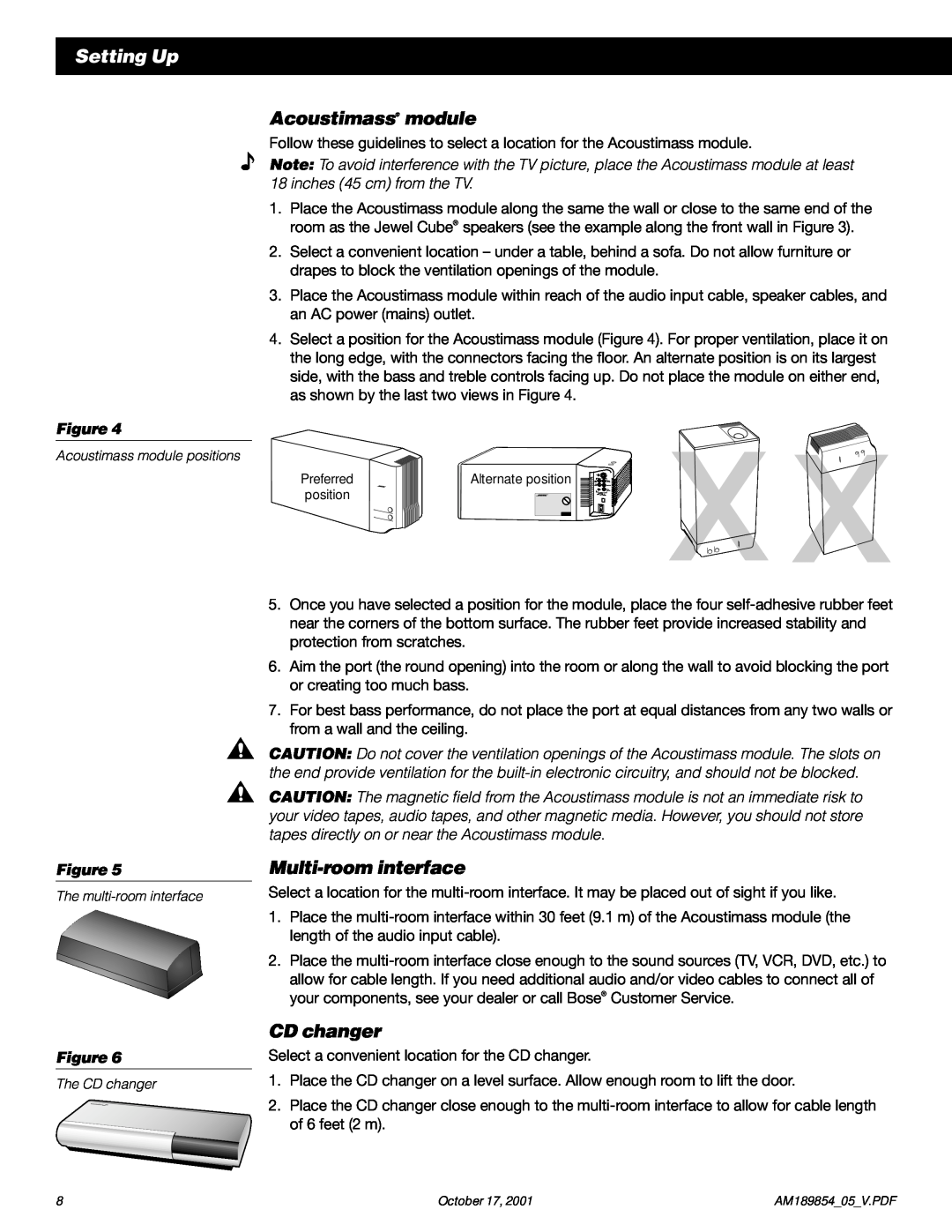 Bose 50 manual Setting Up, Acoustimass module, Multi-roominterface, CD changer 