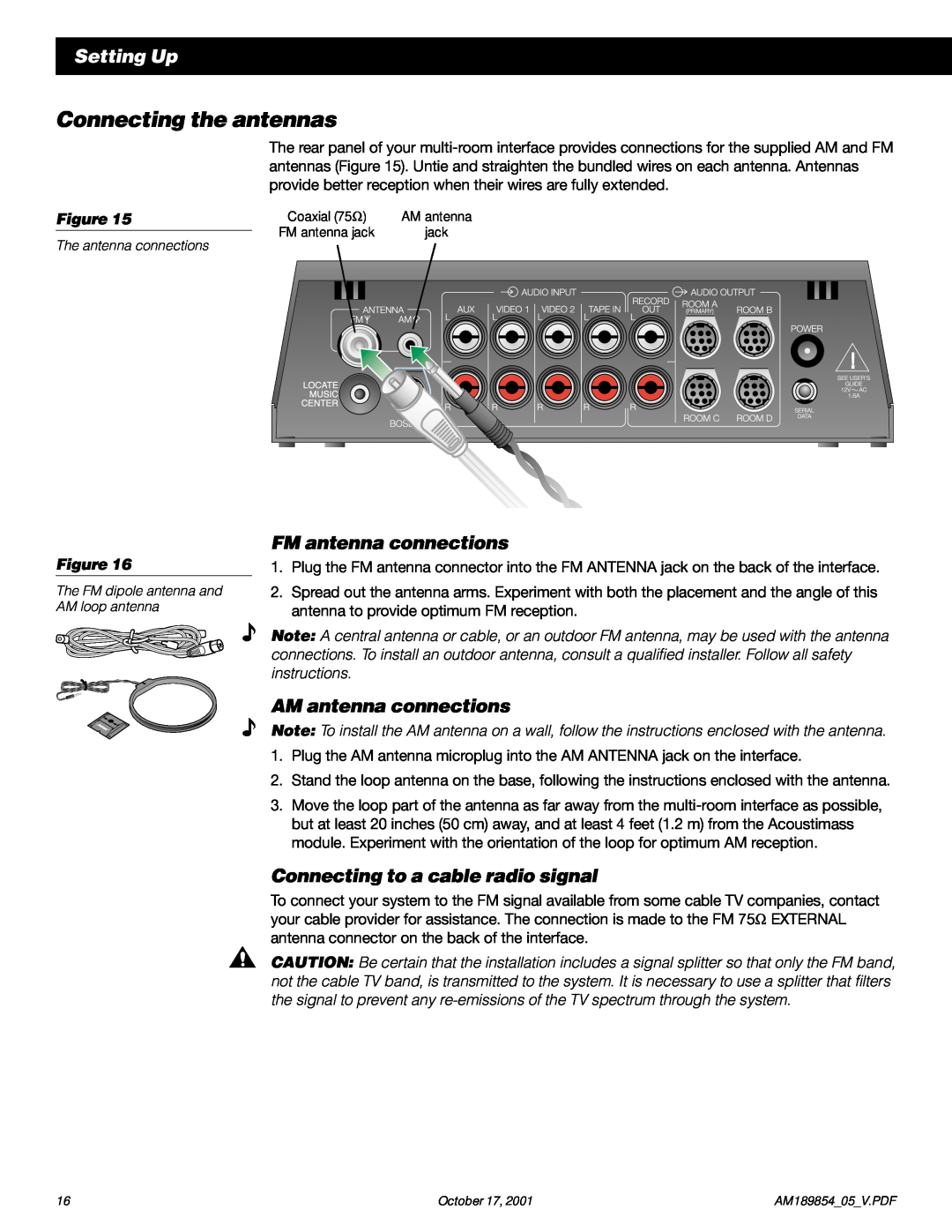 Bose 50 manual Setting Up, FM antenna connections, AM antenna connections, Connecting to a cable radio signal 