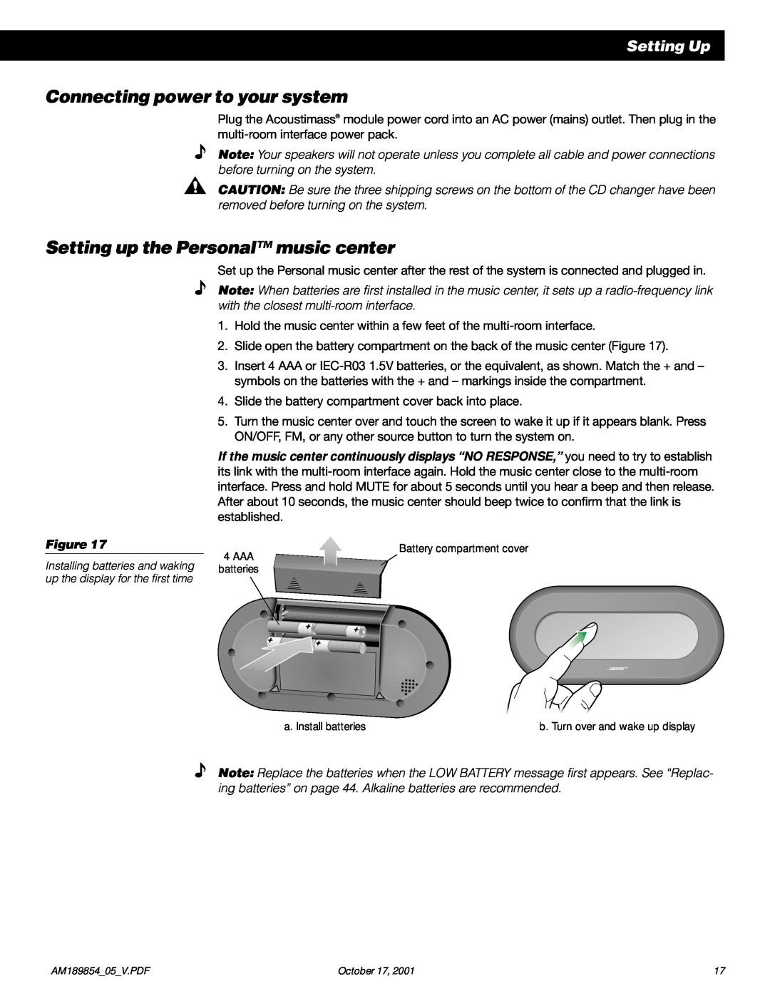 Bose 50 Connecting power to your system, Setting up the Personal music center, Setting Up, 4 AAA, a. Install batteries 