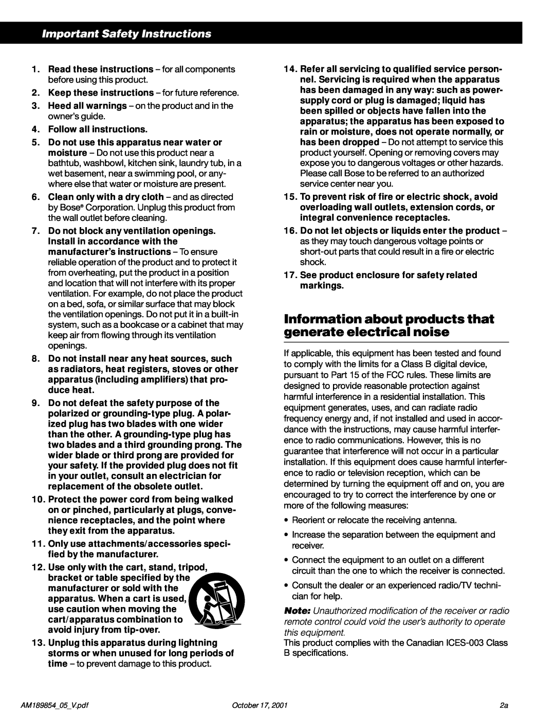 Bose 50 manual Important Safety Instructions 