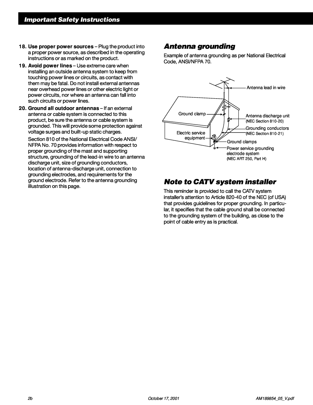 Bose 50 manual Antenna grounding, Note to CATV system installer, Important Safety Instructions, Antenna lead in wire 