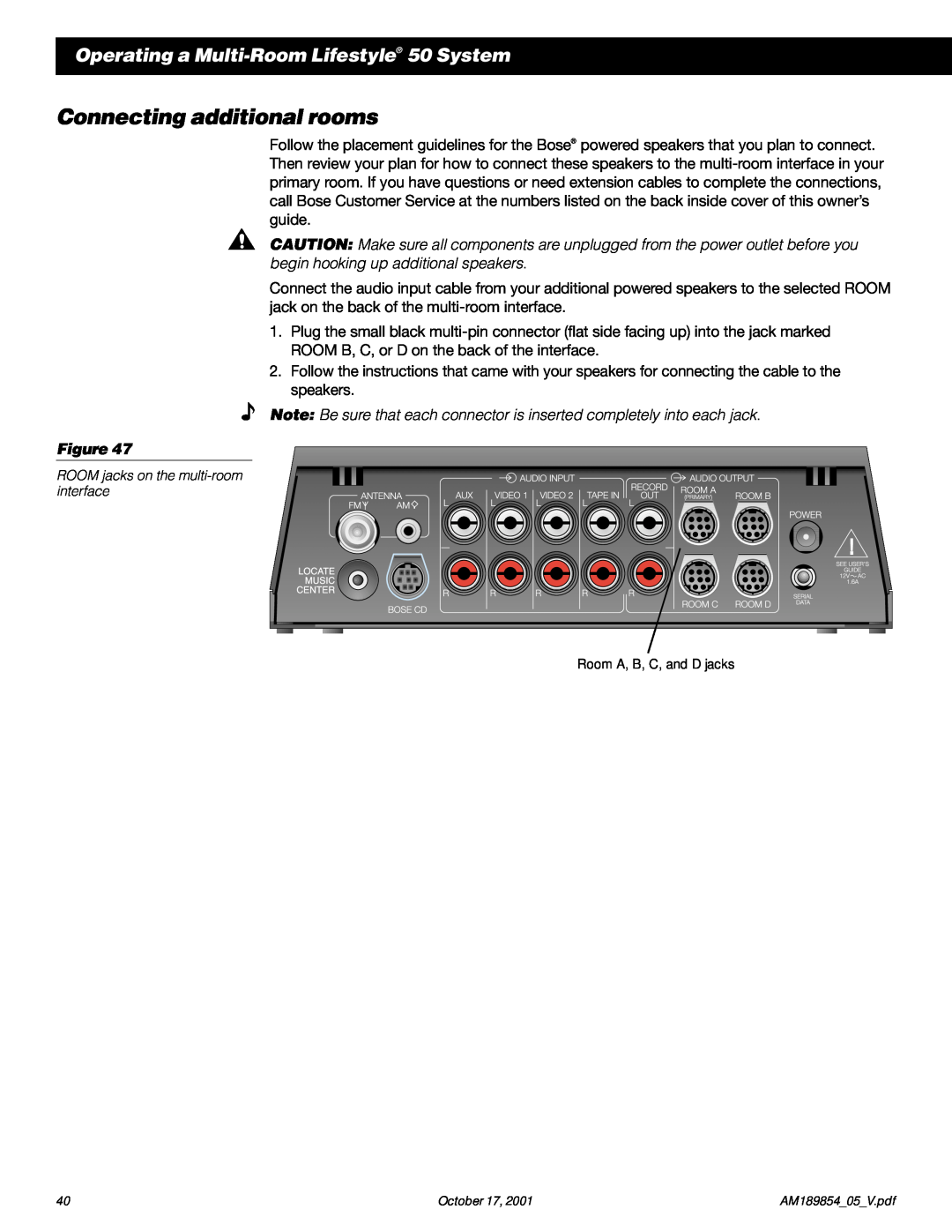 Bose manual Connecting additional rooms, Operating a Multi-RoomLifestyle 50 System 