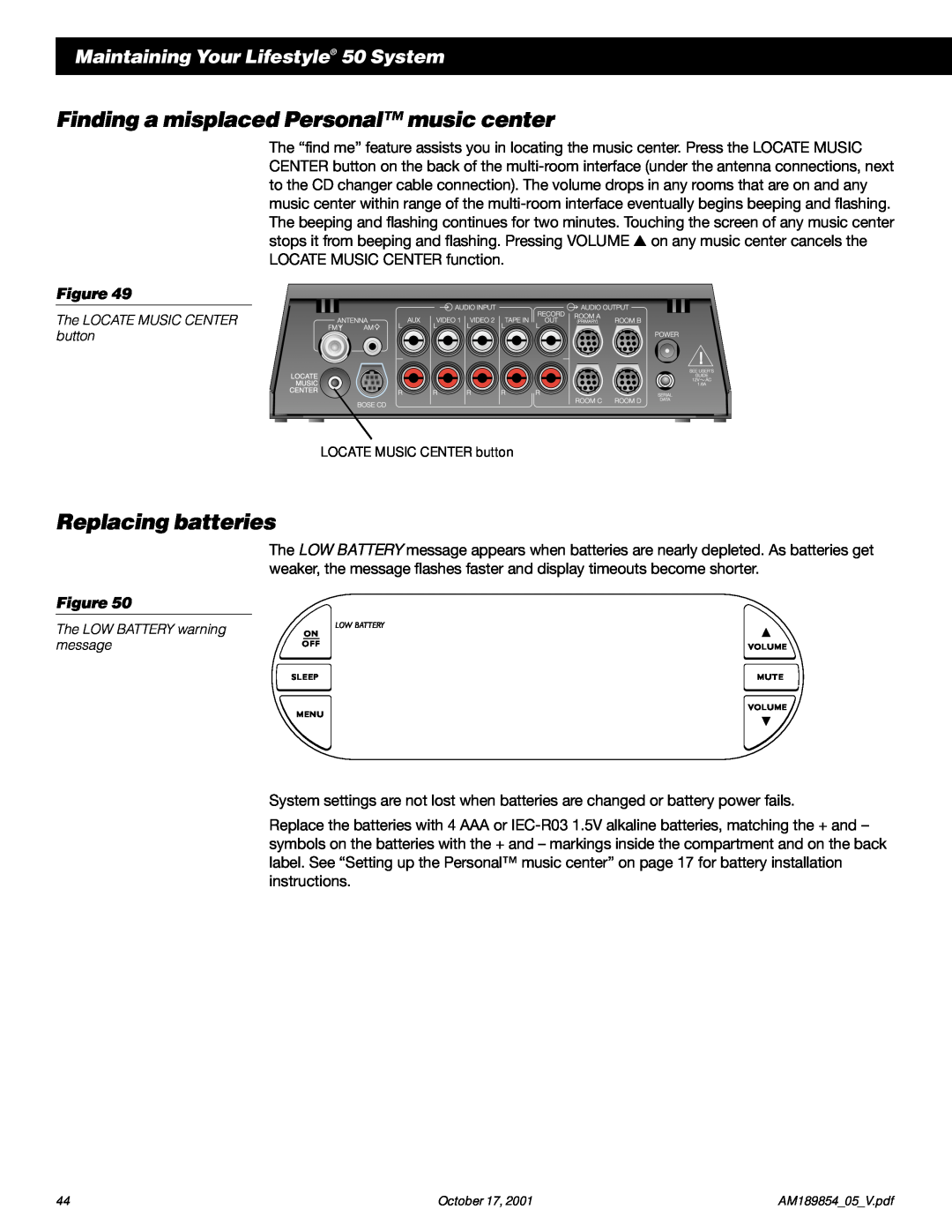 Bose manual Finding a misplaced Personal music center, Replacing batteries, Maintaining Your Lifestyle 50 System 
