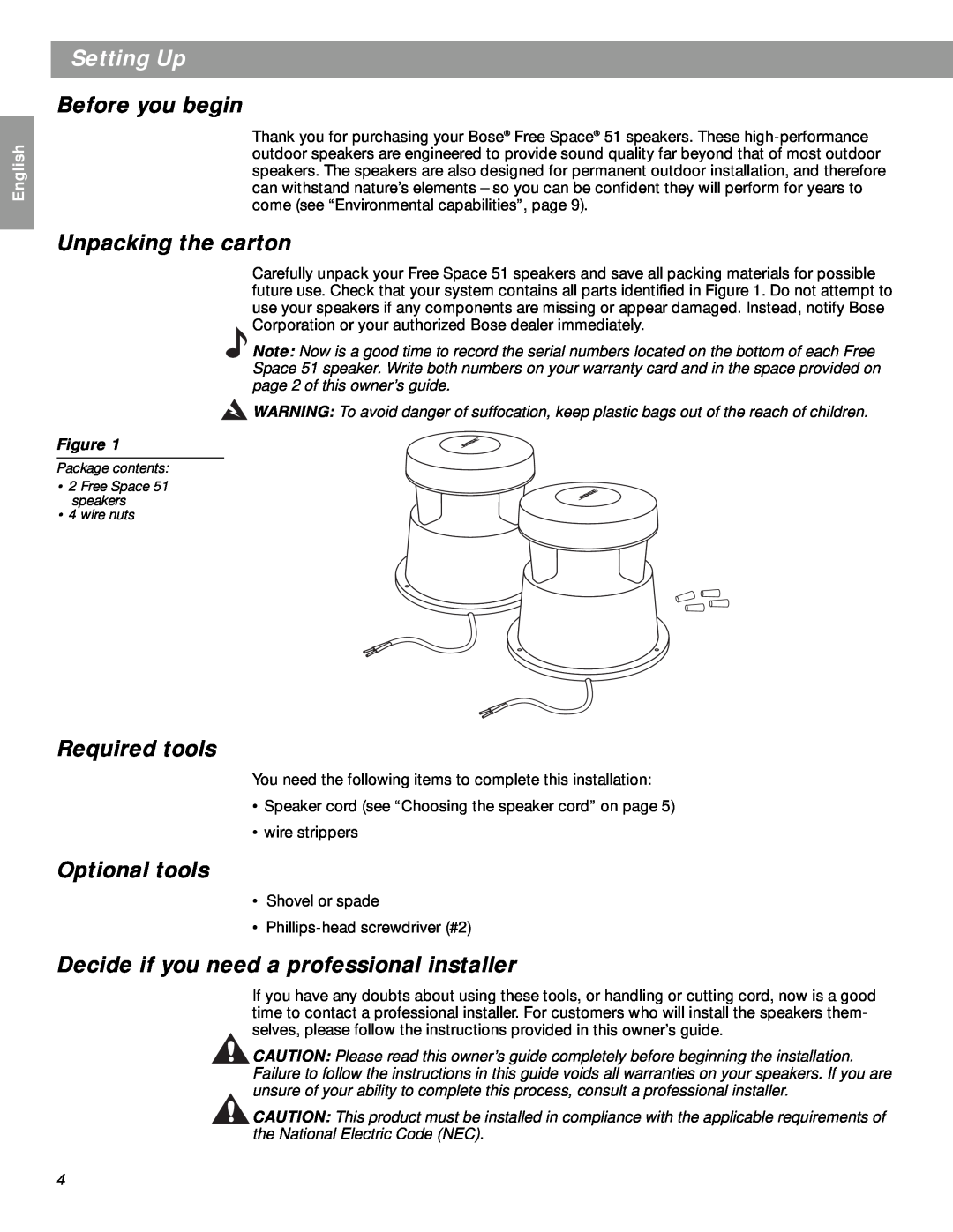 Bose 51 manual Setting Up, Before you begin, Unpacking the carton, Required tools, Optional tools, English 