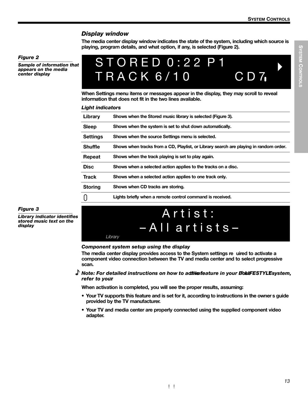 Bose 525p 625p manual Display window, Light indicators, Component system setup using the display 