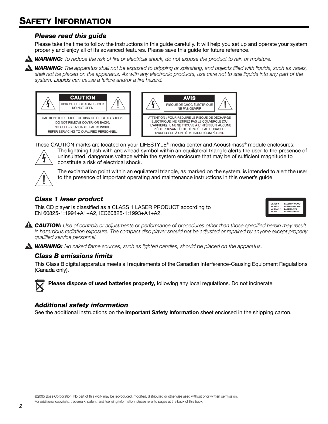 Bose 525p 625p Please read this guide, Class 1 laser product, Class B emissions limits, Additional safety information 