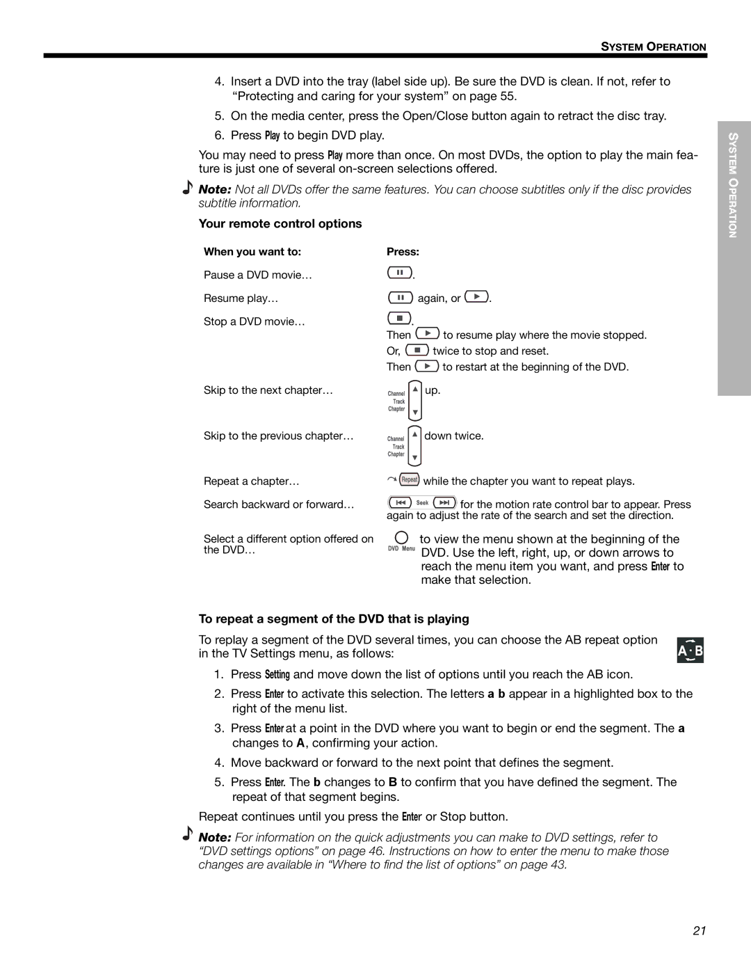 Bose 525p 625p manual Your remote control options, To repeat a segment of the DVD that is playing 