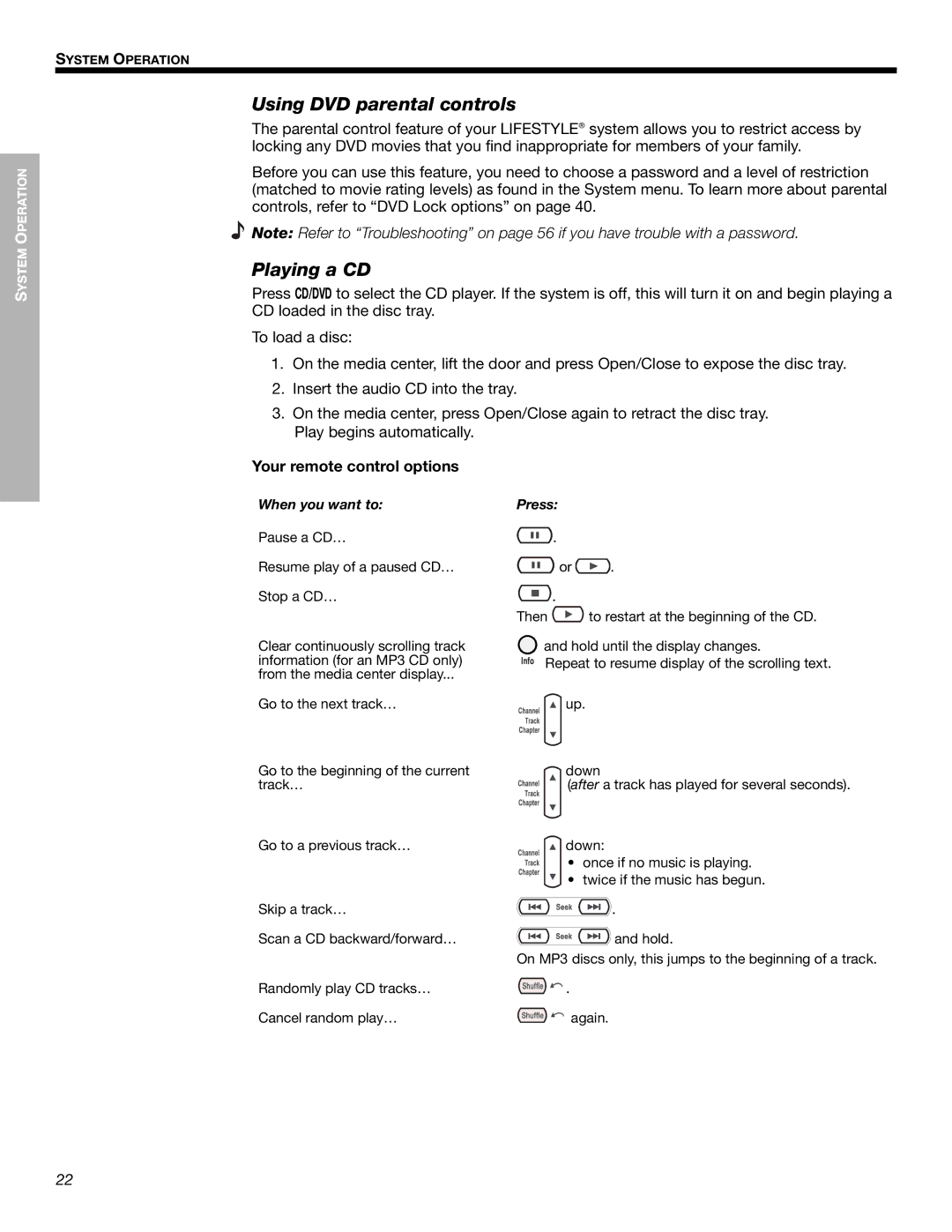 Bose 525p 625p manual Using DVD parental controls, Playing a CD 