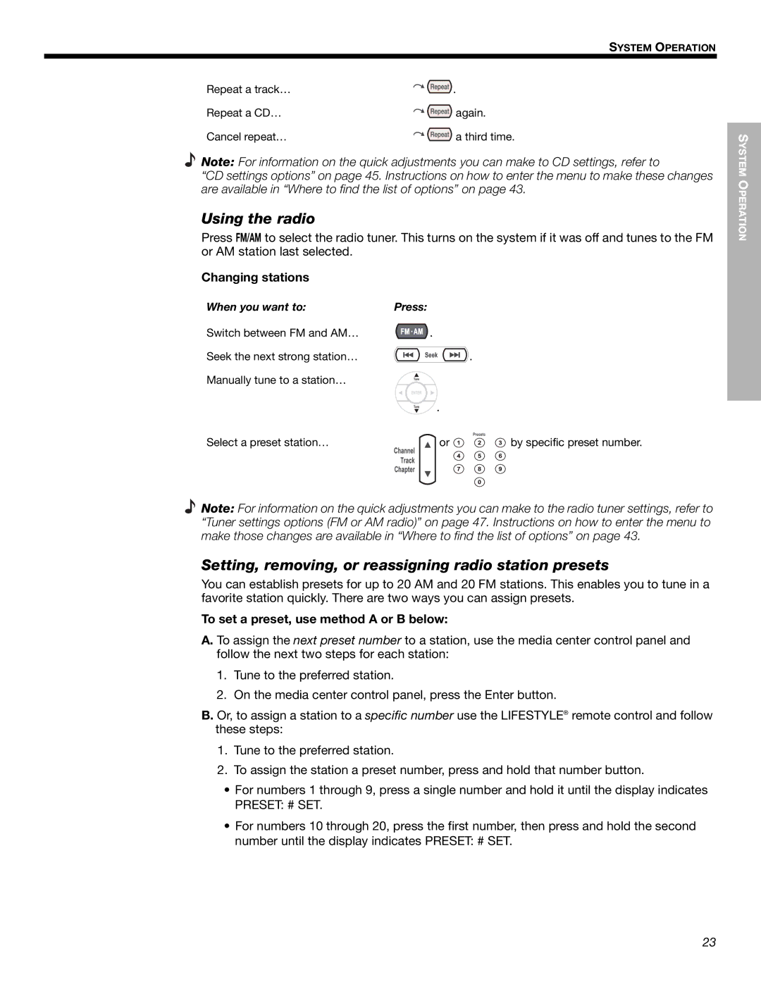 Bose 525p 625p manual Using the radio, Setting, removing, or reassigning radio station presets, Changing stations 