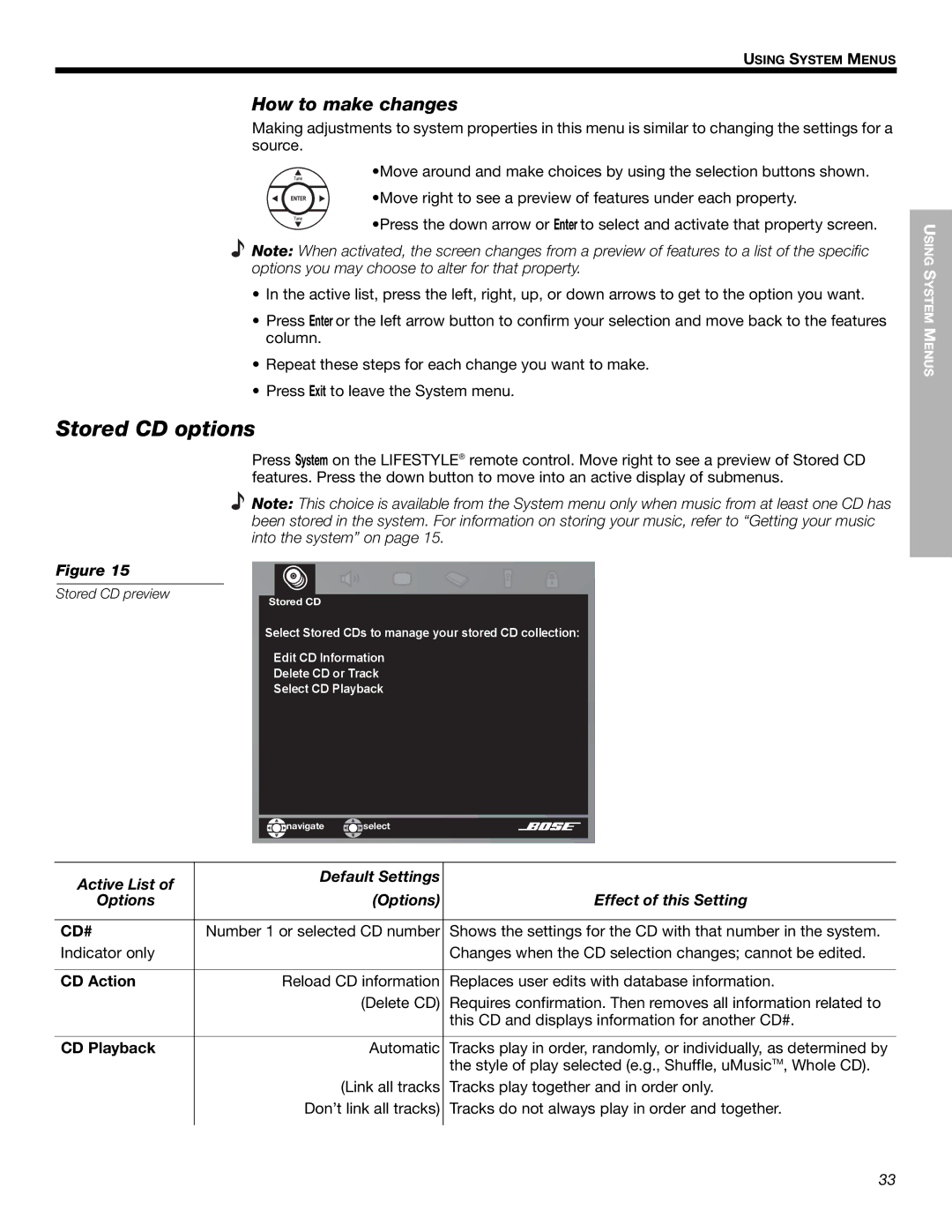 Bose 525p 625p manual Stored CD options, How to make changes, Active List Default Settings Options Effect of this Setting 