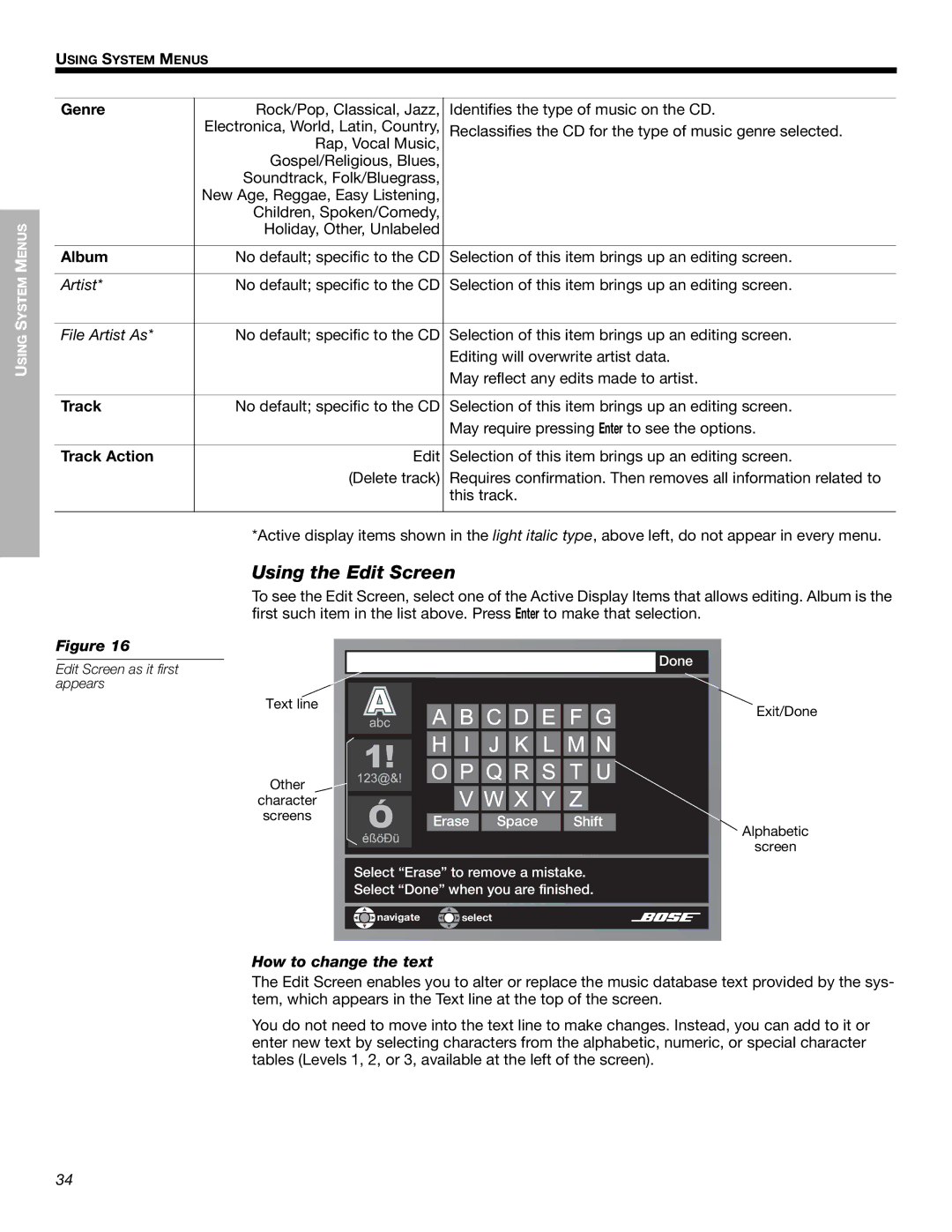 Bose 525p 625p manual Using the Edit Screen, Genre, Album, Track Action, How to change the text 