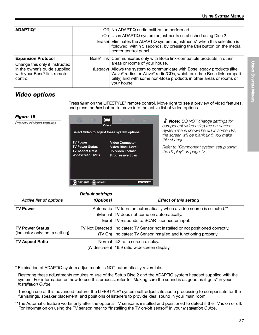 Bose 525p 625p manual Video options 