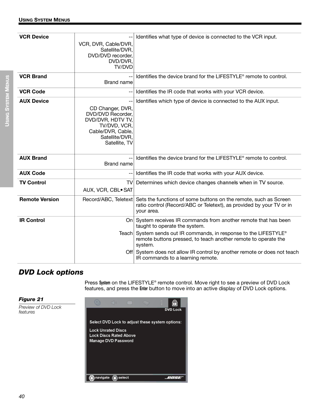 Bose 525p 625p manual DVD Lock options 