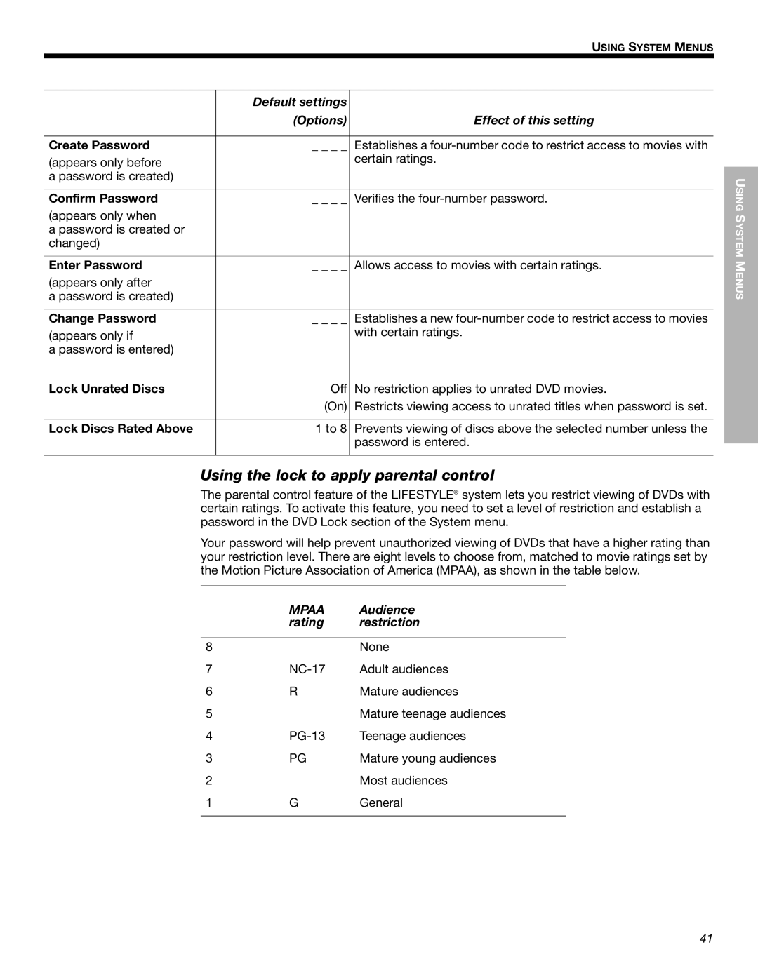 Bose 525p 625p manual Using the lock to apply parental control, Parental Control, Audience, Setting Rating Restriction 