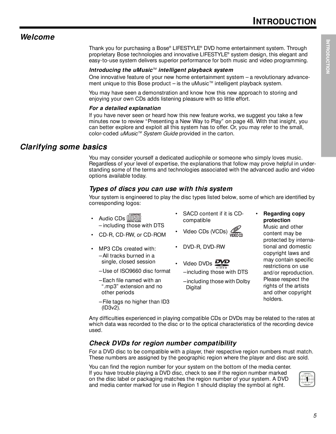 Bose 525p 625p manual Welcome, Clarifying some basics, Types of discs you can use with this system 