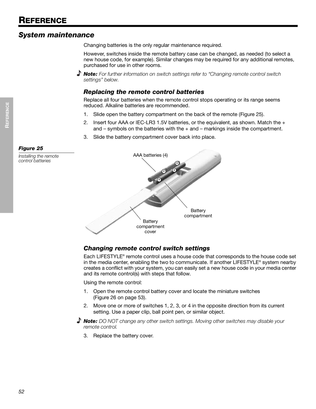 Bose 525p 625p manual System maintenance, Replacing the remote control batteries, Changing remote control switch settings 