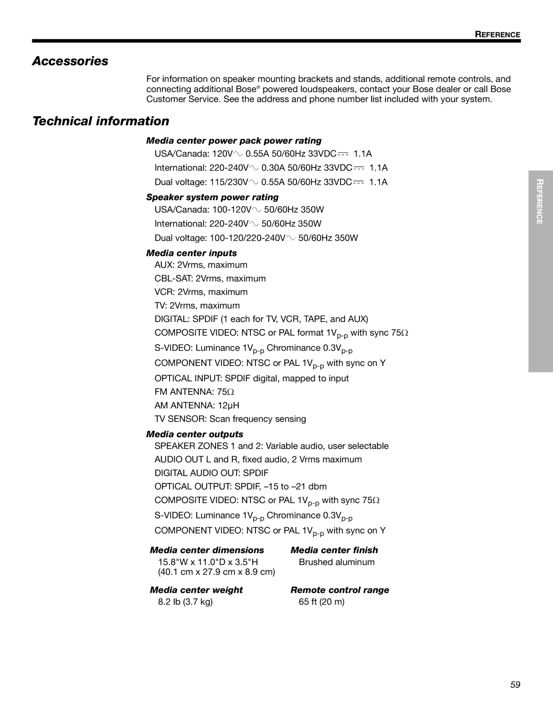 Bose 525p 625p manual Accessories, Technical information 